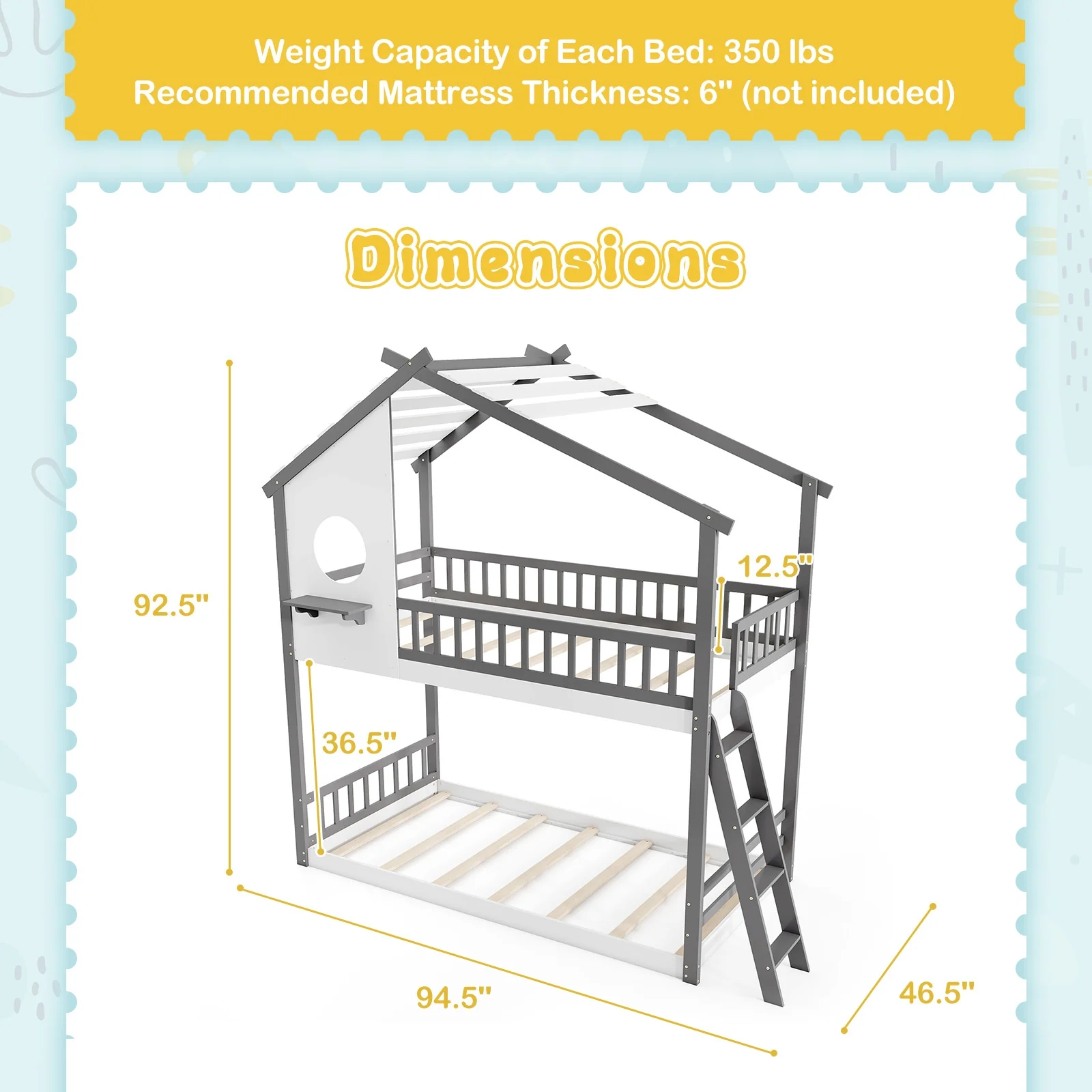 Twin Over Twin House Bunk Bed With Roof, Guardrails, White Gray - Image 5