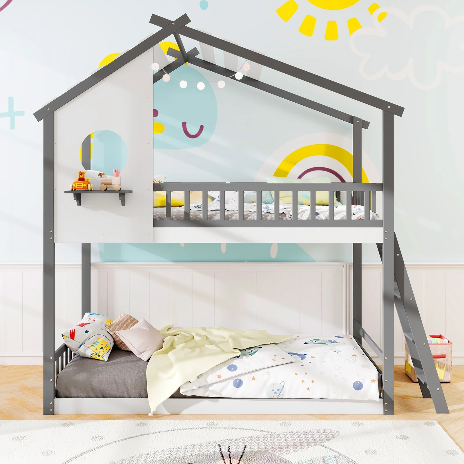 Twin Over Twin House Bunk Bed With Roof, Guardrails, White Gray - Image 6