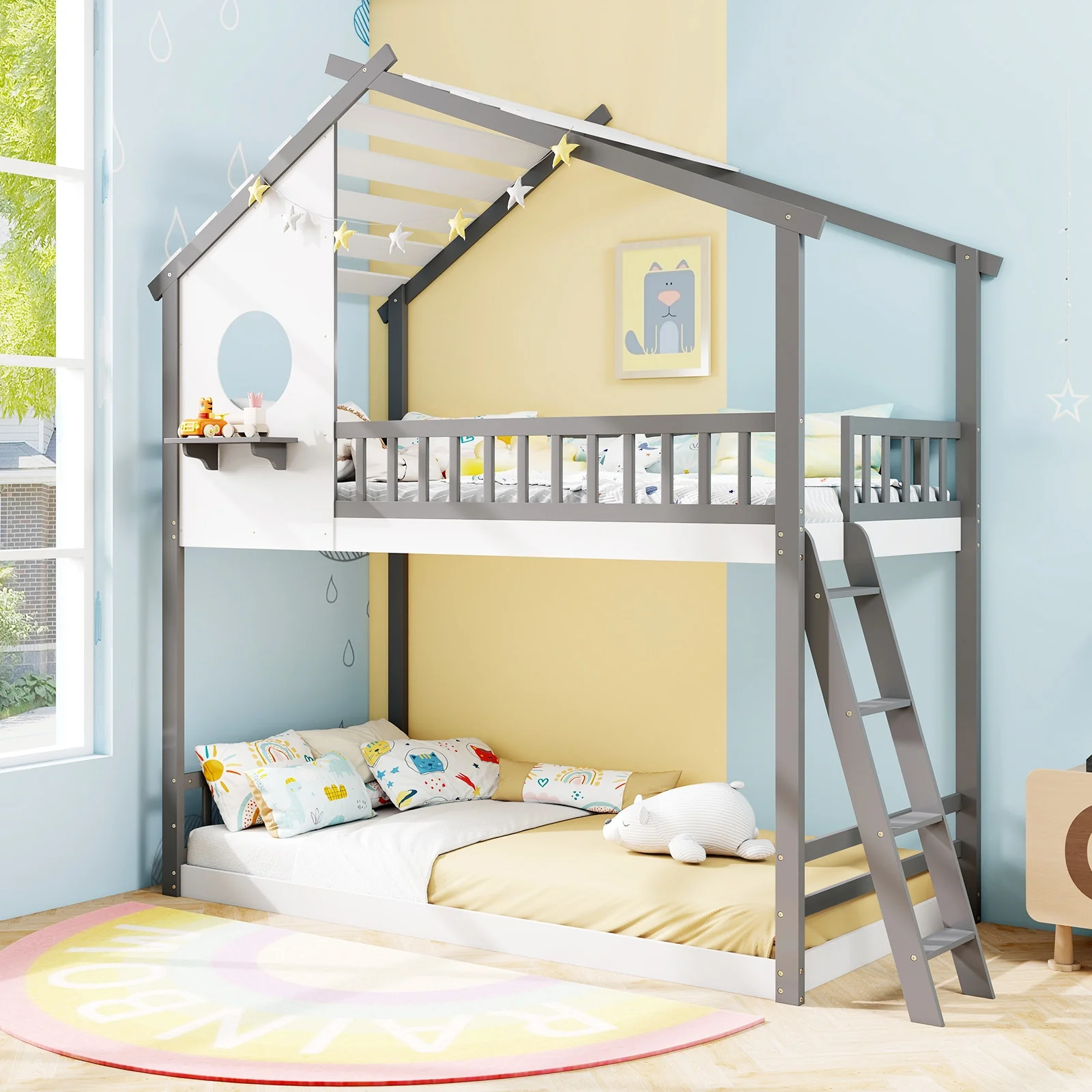 Twin Over Twin House Bunk Bed With Roof, Guardrails, White Gray - Image 7