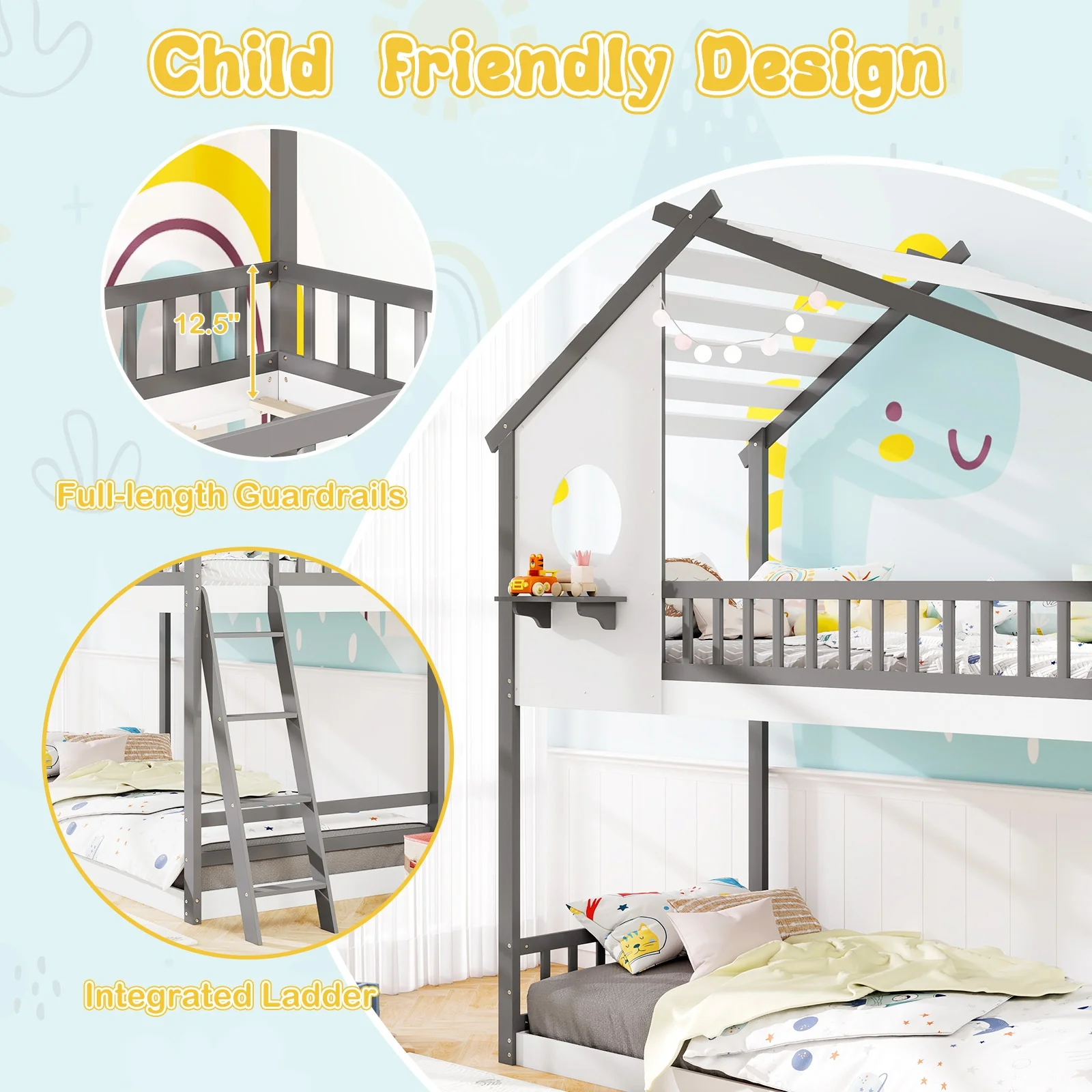 Twin Over Twin House Bunk Bed With Roof, Guardrails, White Gray - Image 8