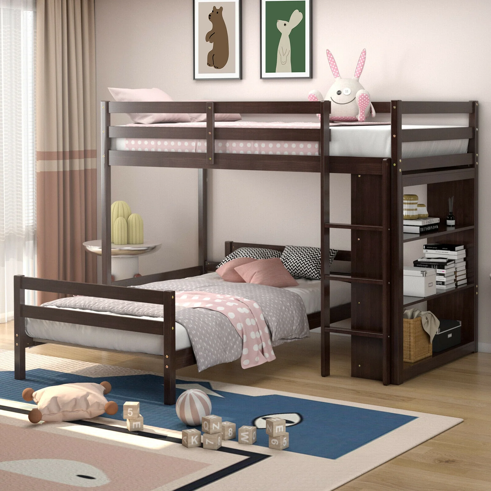 Twin Over Twin Loft Bunk Bed With Bookcase, Dark Brown - Image 2