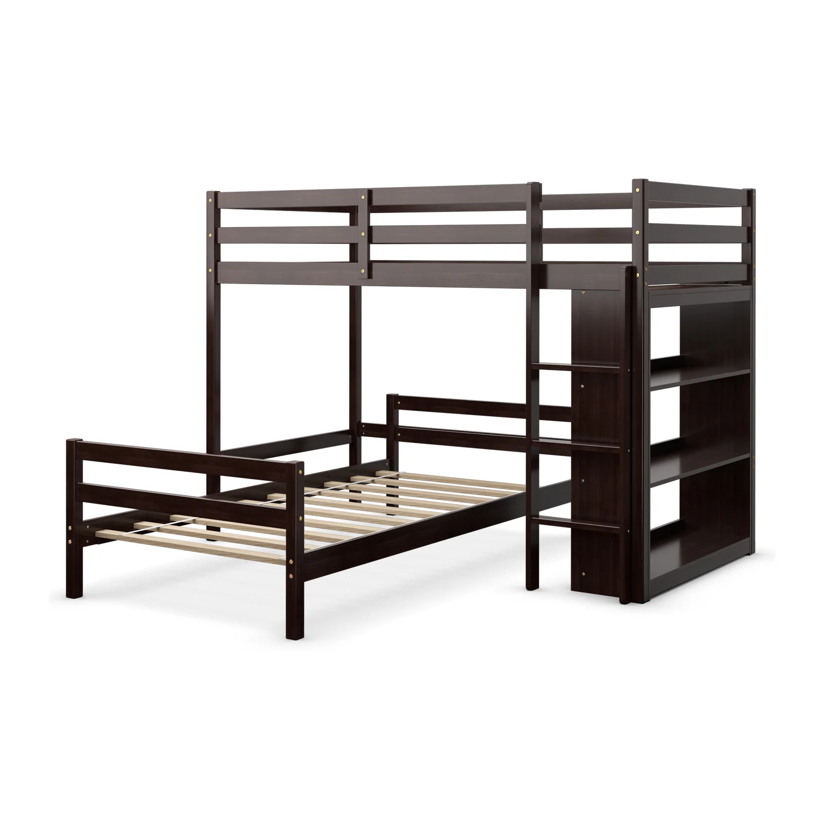 Twin Over Twin Loft Bunk Bed With Bookcase, Dark Brown - Image 4