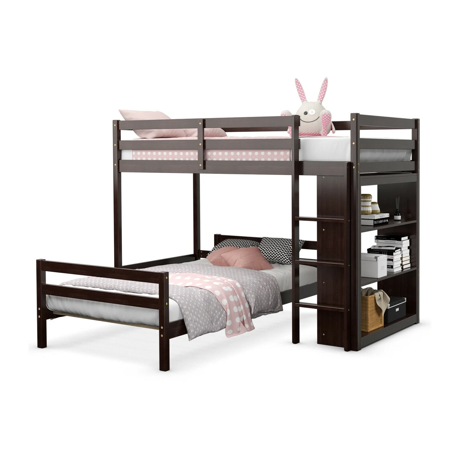 Twin Over Twin Loft Bunk Bed With Bookcase, Dark Brown - Image 5