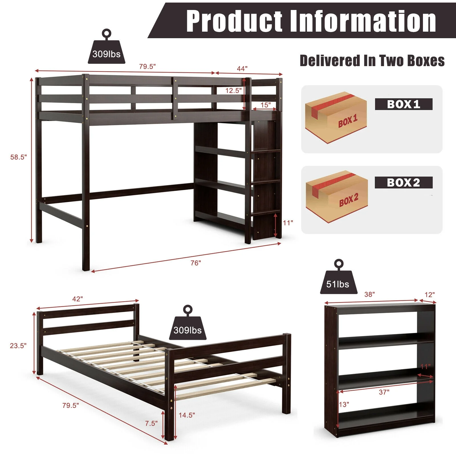 Twin Over Twin Loft Bunk Bed With Bookcase, Dark Brown - Image 6
