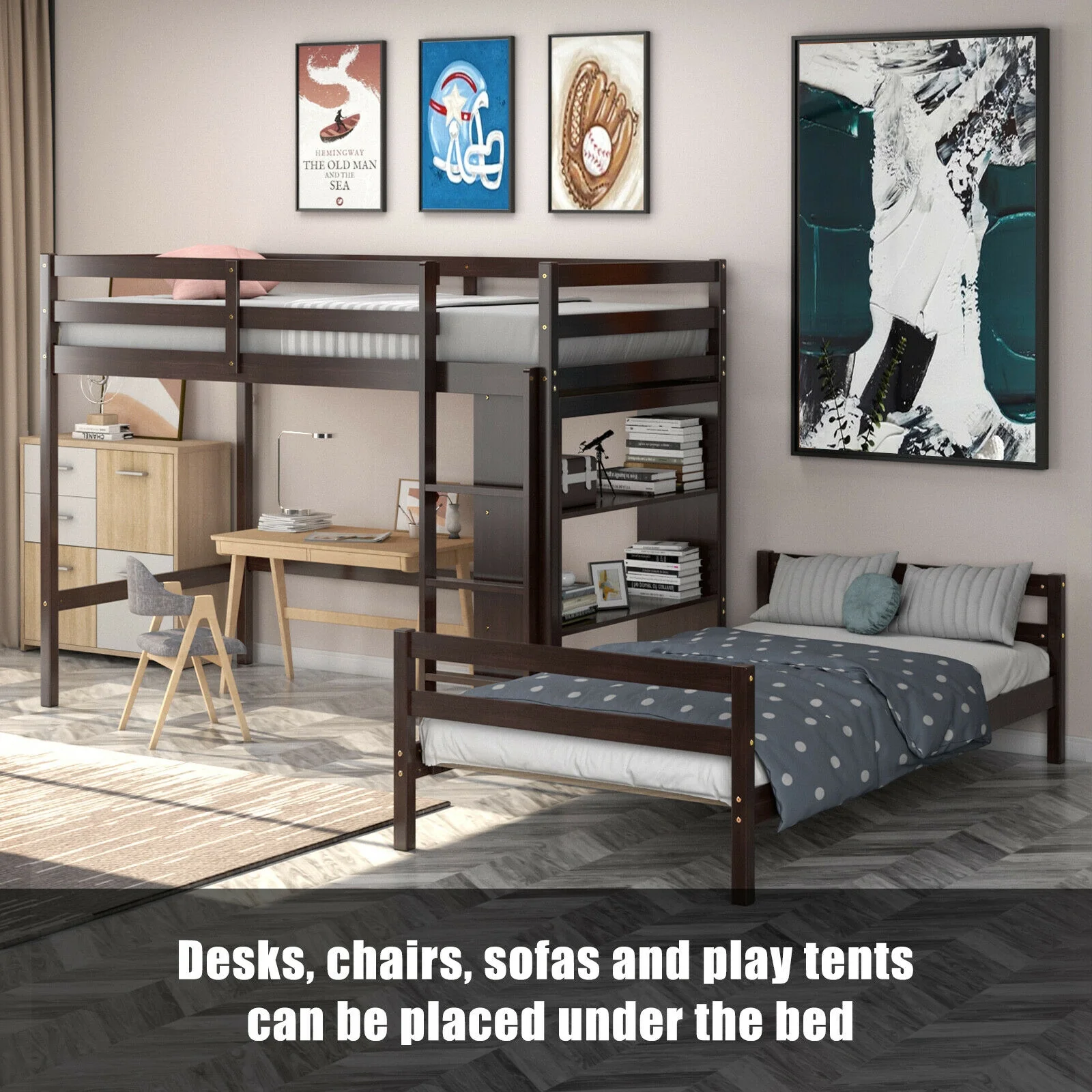 Twin Over Twin Loft Bunk Bed With Bookcase, Dark Brown - Image 8
