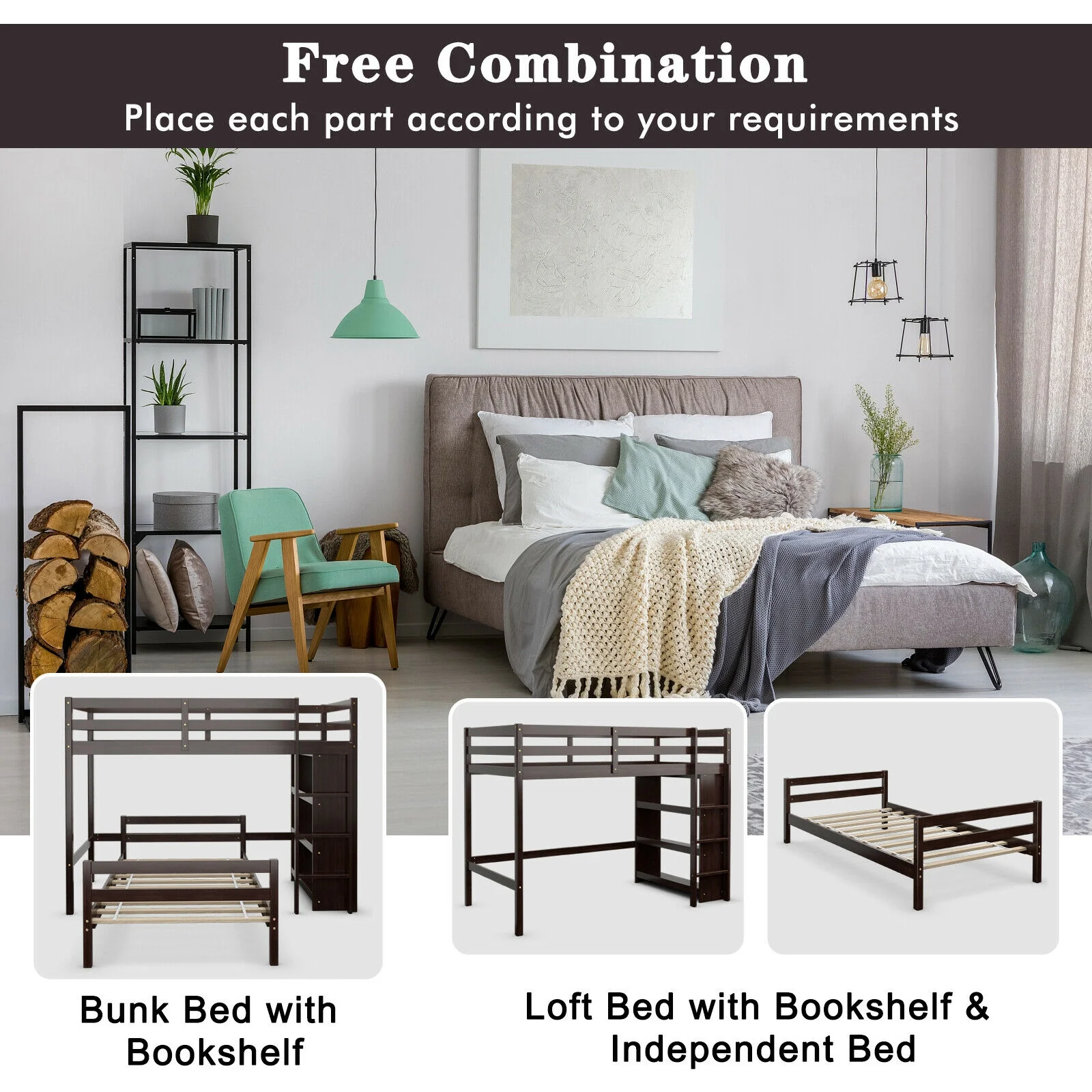 Twin Over Twin Loft Bunk Bed With Bookcase, Dark Brown - Image 9