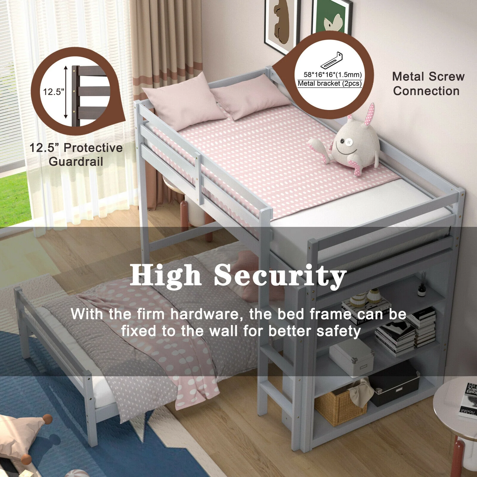 Twin Over Twin Loft Bunk Bed With Bookcase, Gray - Image 10