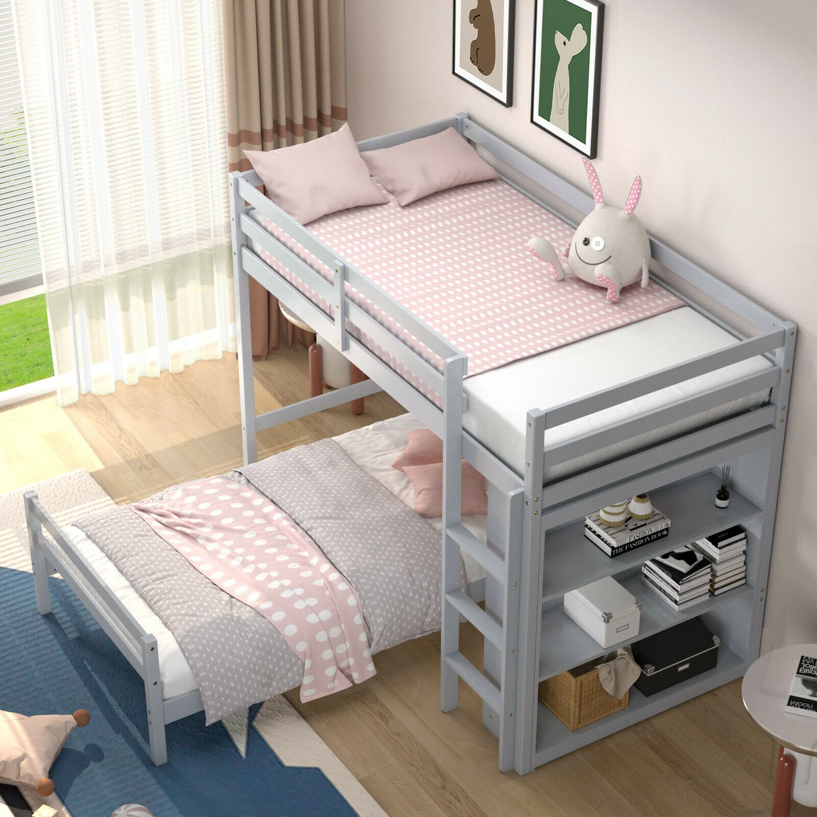 Twin Over Twin Loft Bunk Bed With Bookcase, Gray - Image 3