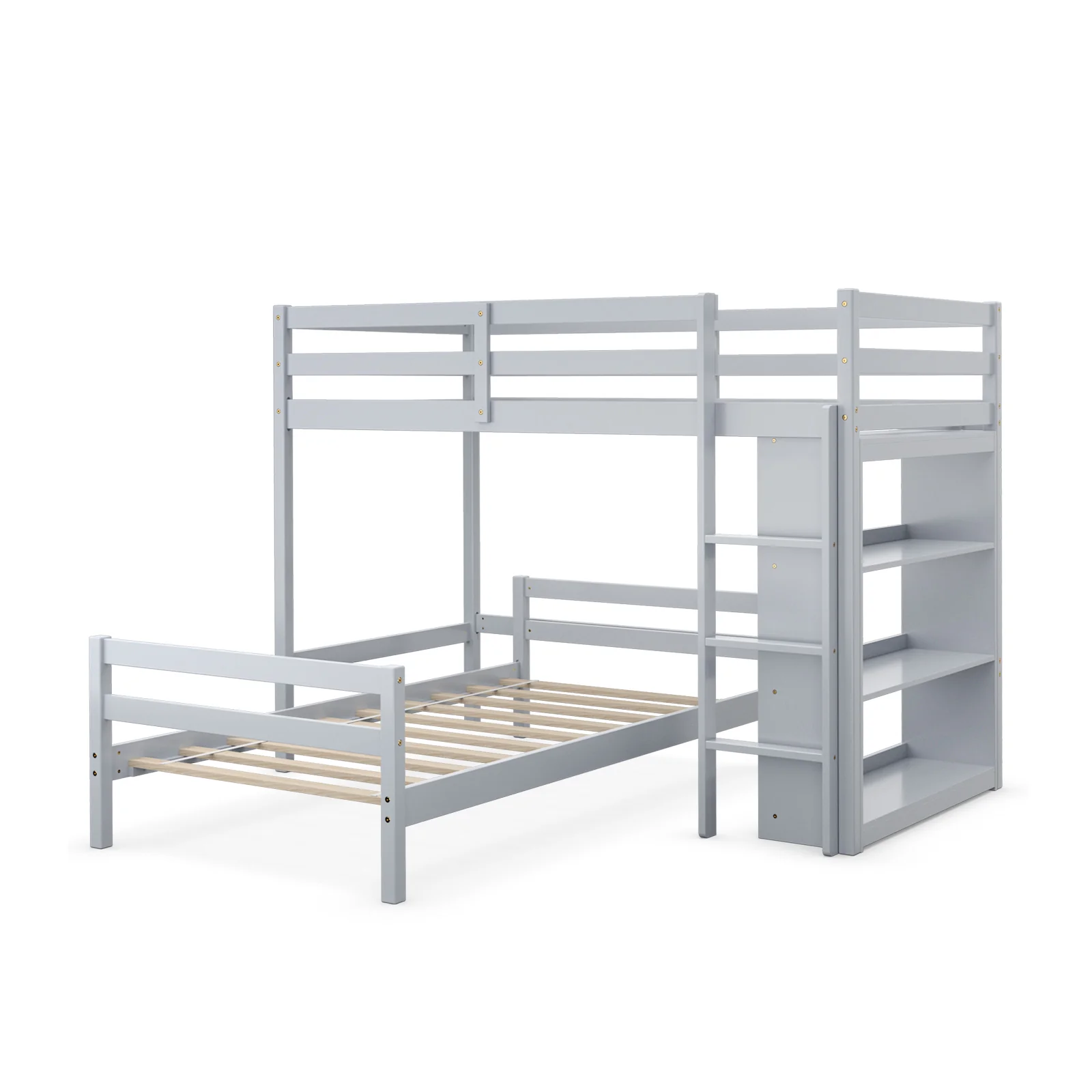 Twin Over Twin Loft Bunk Bed With Bookcase, Gray - Image 4