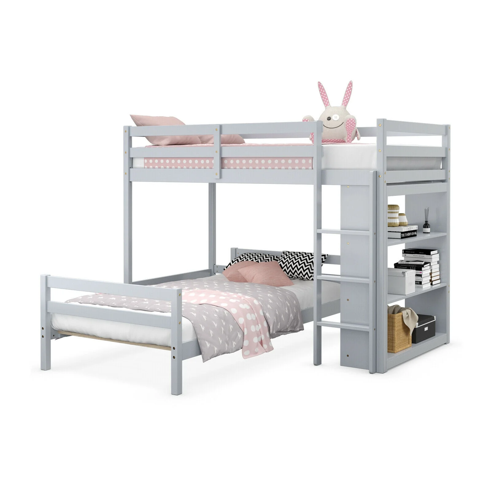Twin Over Twin Loft Bunk Bed With Bookcase, Gray - Image 5