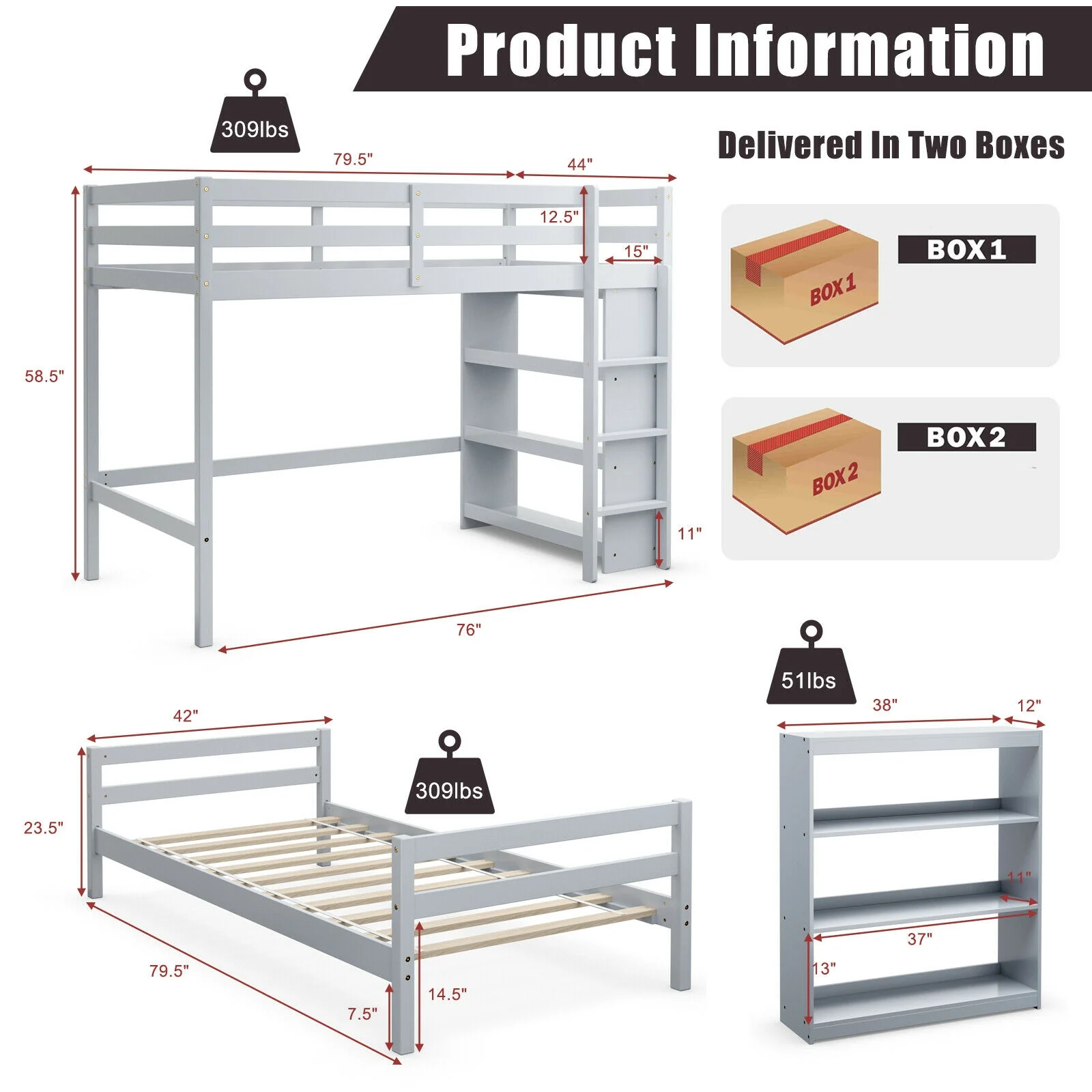 Twin Over Twin Loft Bunk Bed With Bookcase, Gray - Image 6