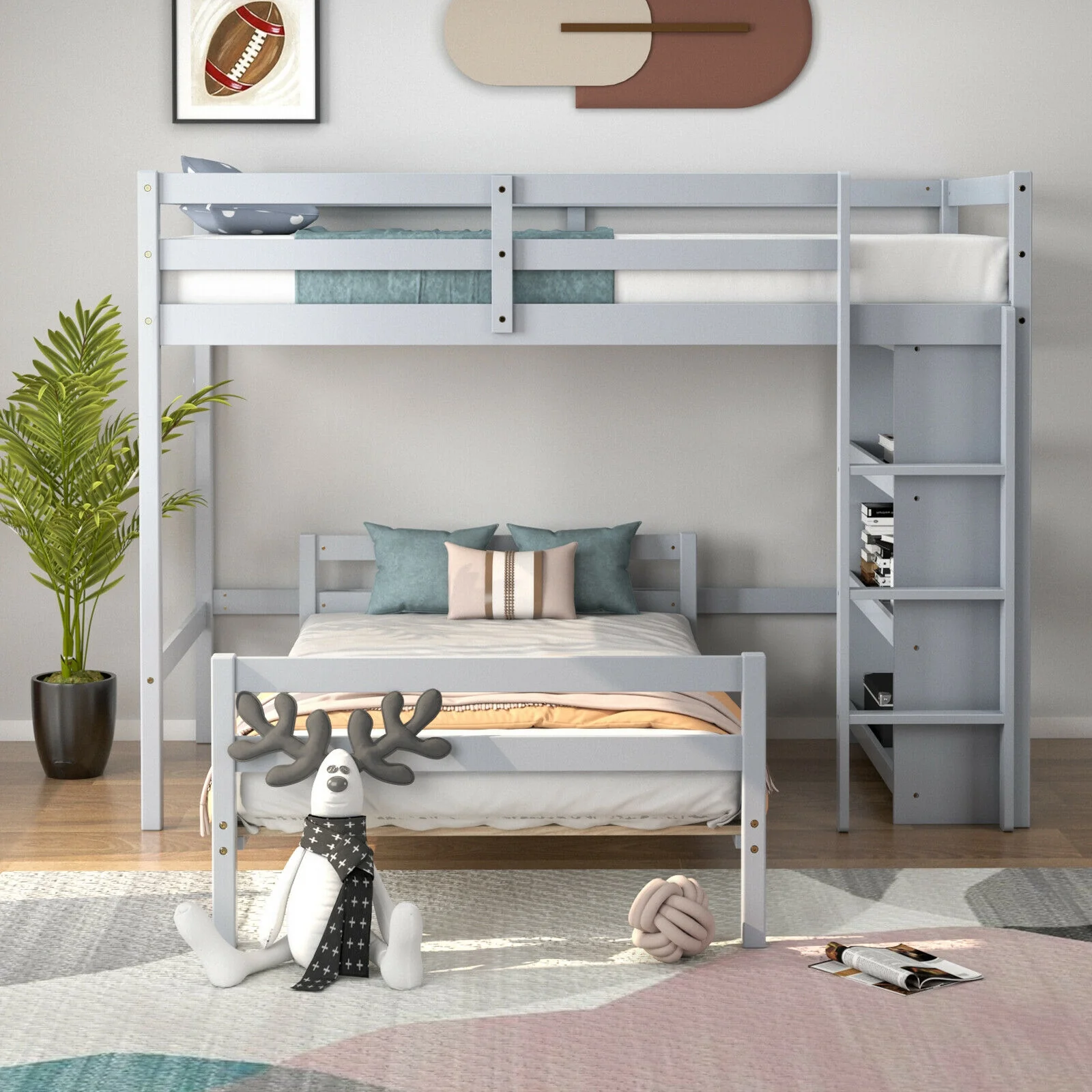 Twin Over Twin Loft Bunk Bed With Bookcase, Gray - Image 7