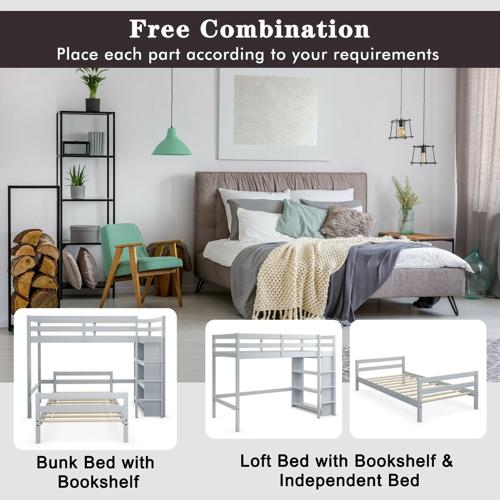 Twin Over Twin Loft Bunk Bed With Bookcase, Gray - Image 9