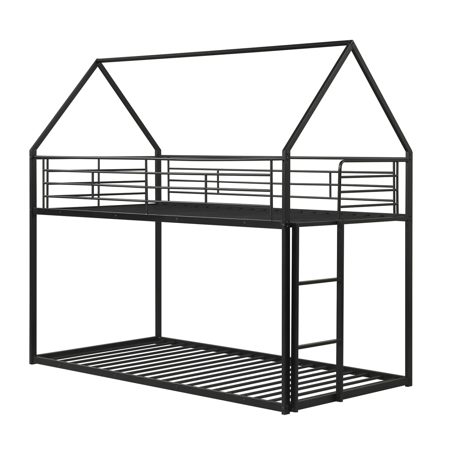 Twin Over Twin Metal Bunk Bed With Roof, Ladder, Black