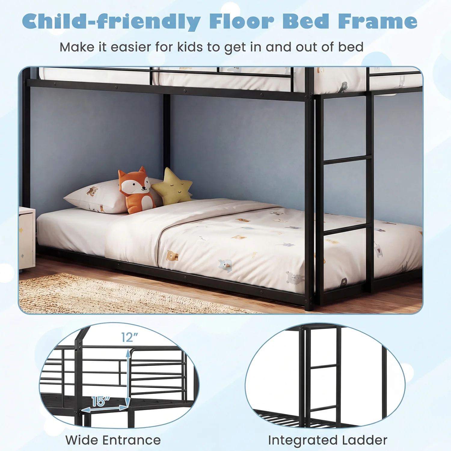 Twin Over Twin Metal Bunk Bed With Roof, Ladder, Black - Image 10