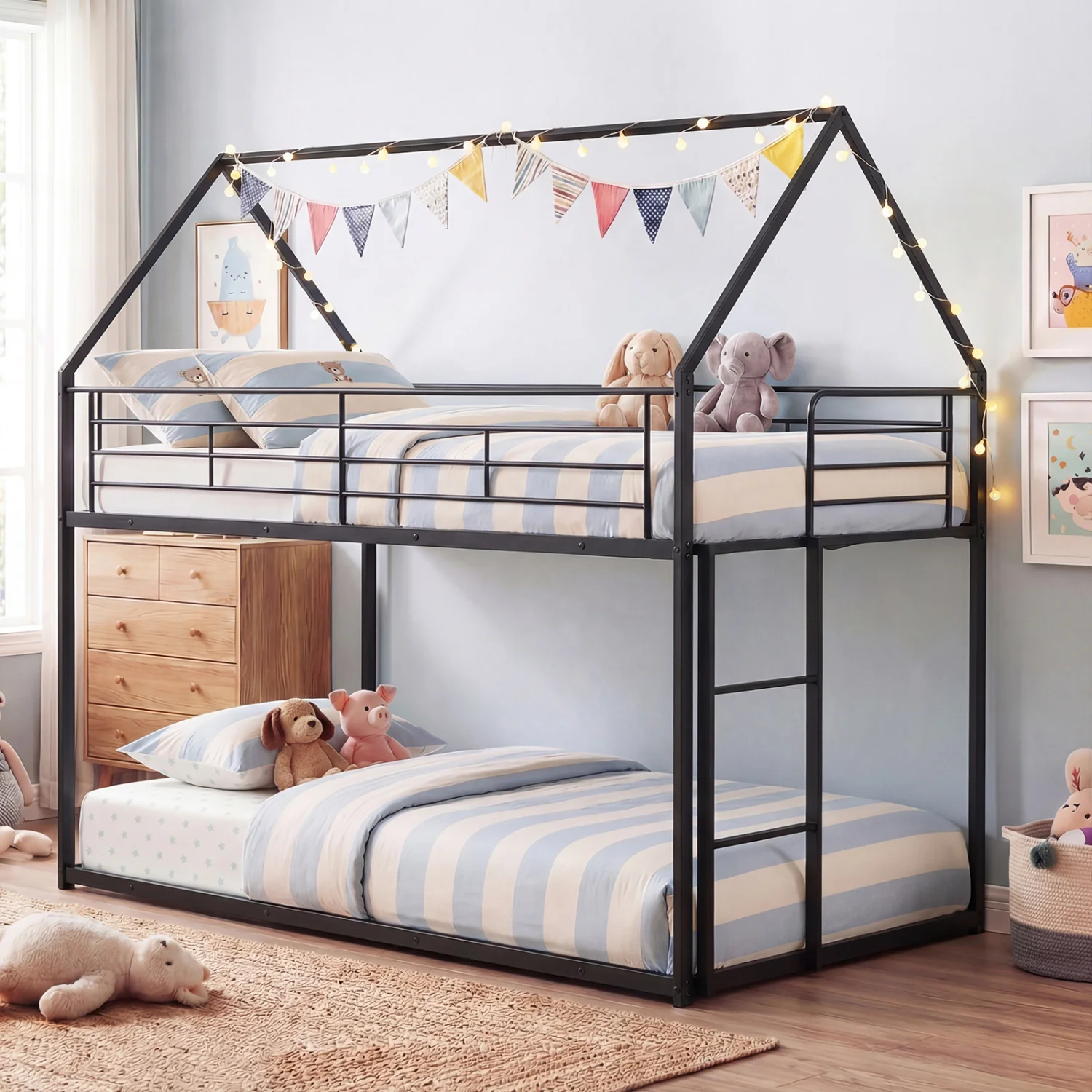 Twin Over Twin Metal Bunk Bed With Roof, Ladder, Black - Image 2