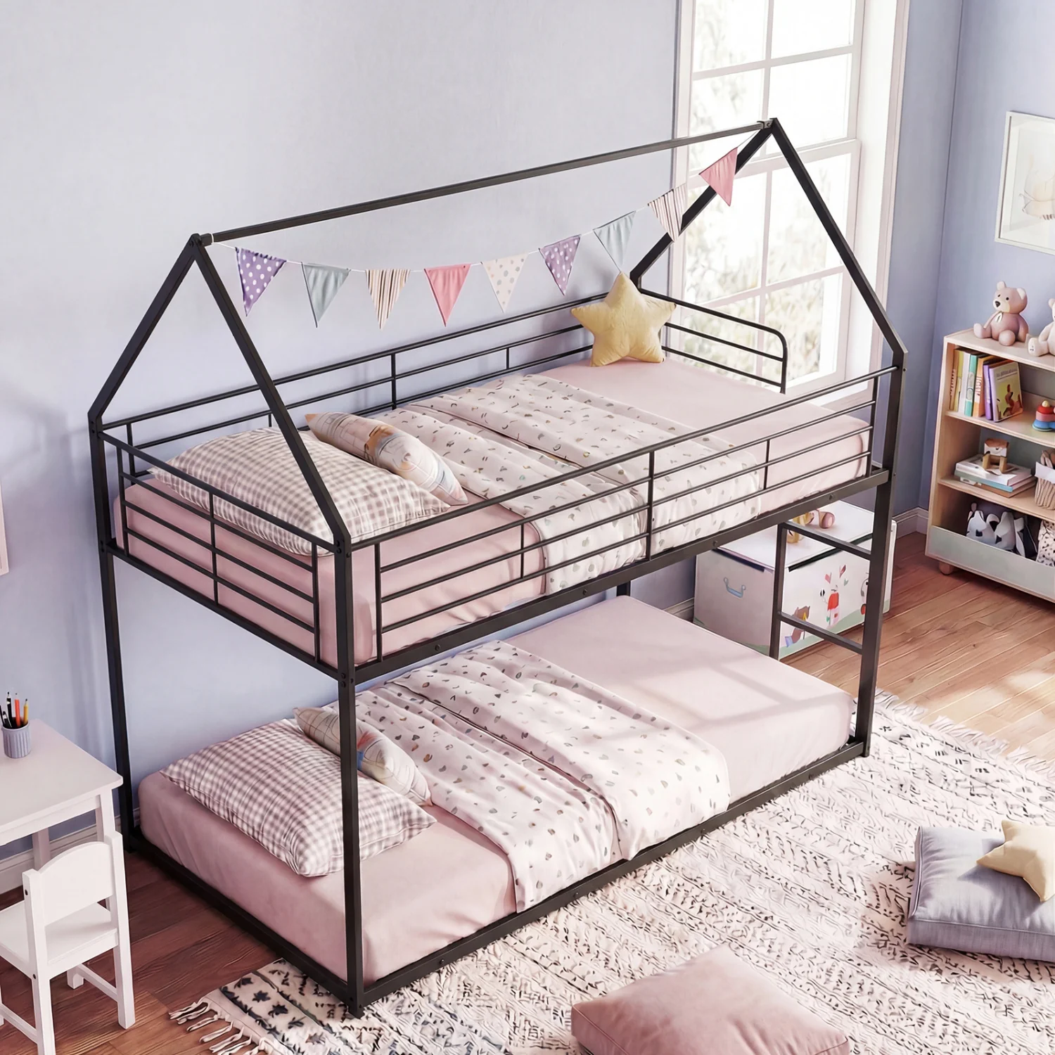 Twin Over Twin Metal Bunk Bed With Roof, Ladder, Black - Image 3