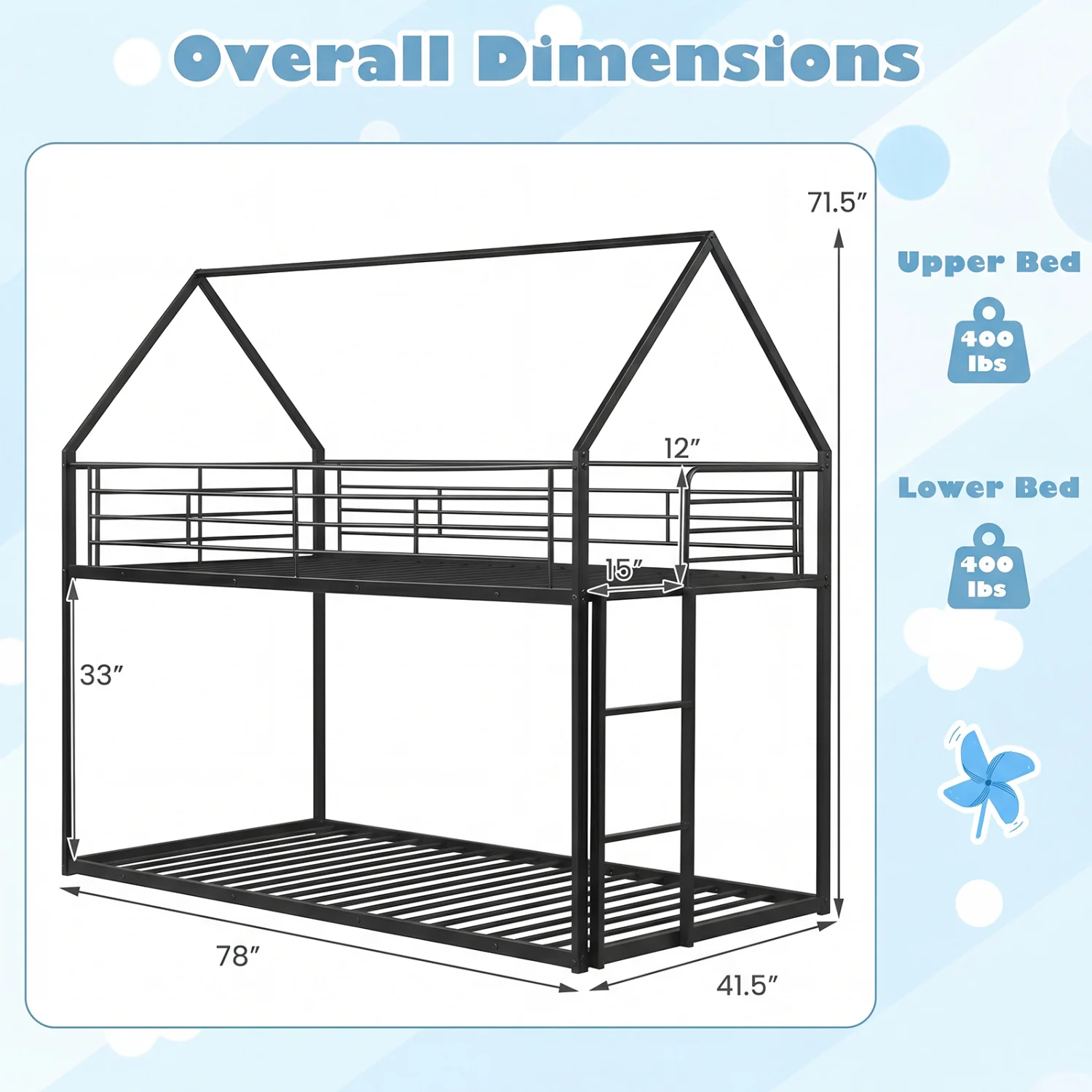 Twin Over Twin Metal Bunk Bed With Roof, Ladder, Black - Image 5