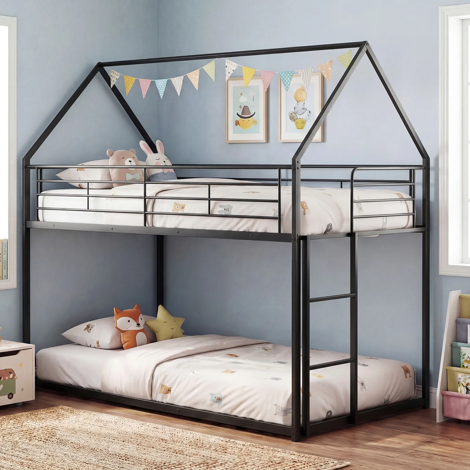 Twin Over Twin Metal Bunk Bed With Roof, Ladder, Black - Image 6