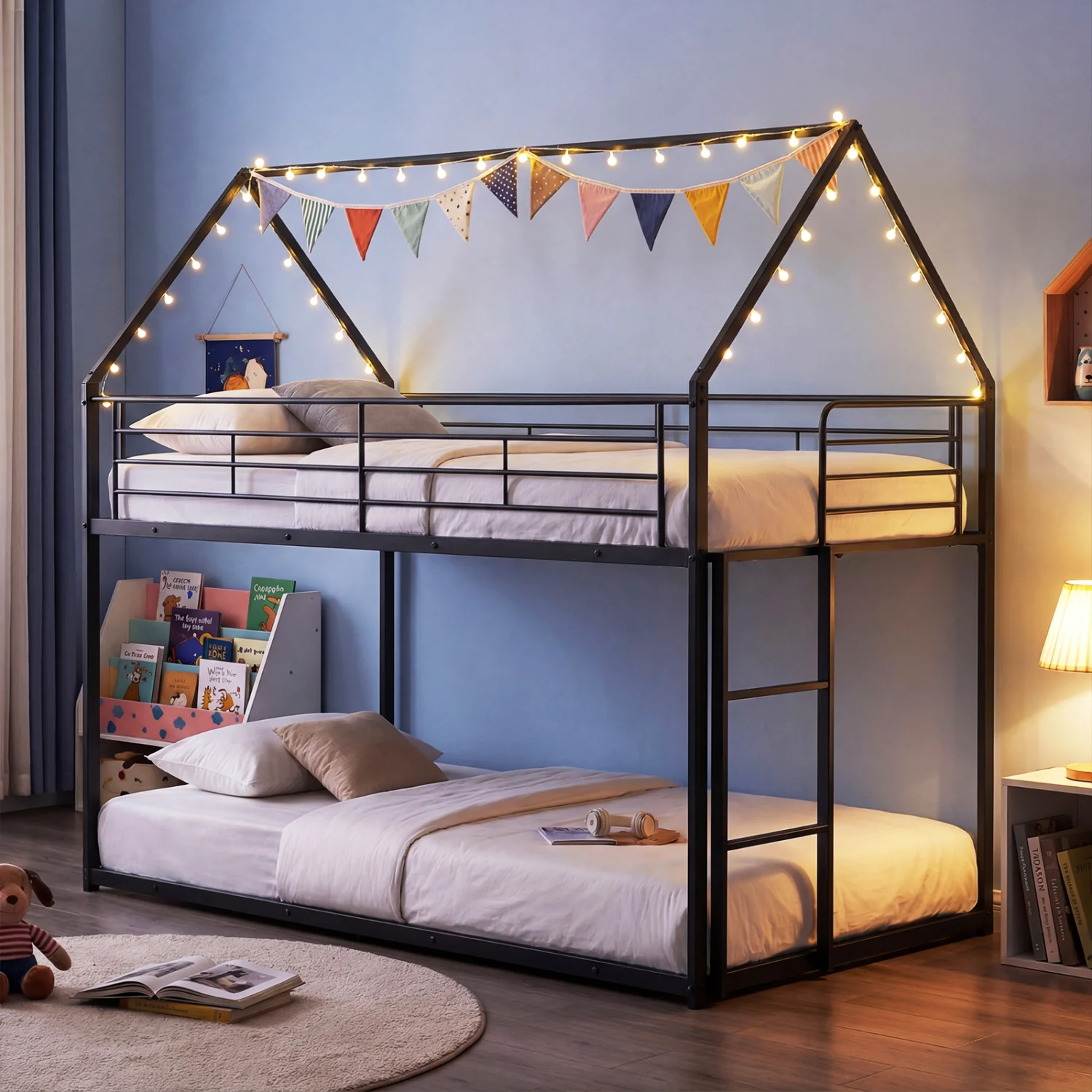Twin Over Twin Metal Bunk Bed With Roof, Ladder, Black - Image 7