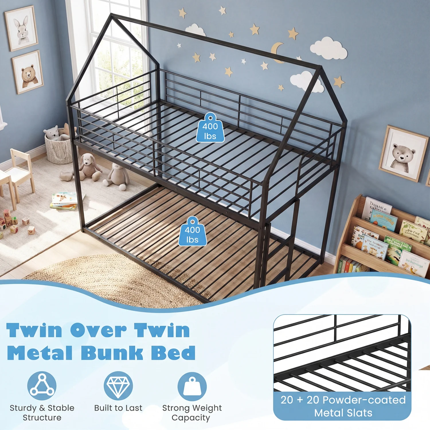 Twin Over Twin Metal Bunk Bed With Roof, Ladder, Black - Image 9