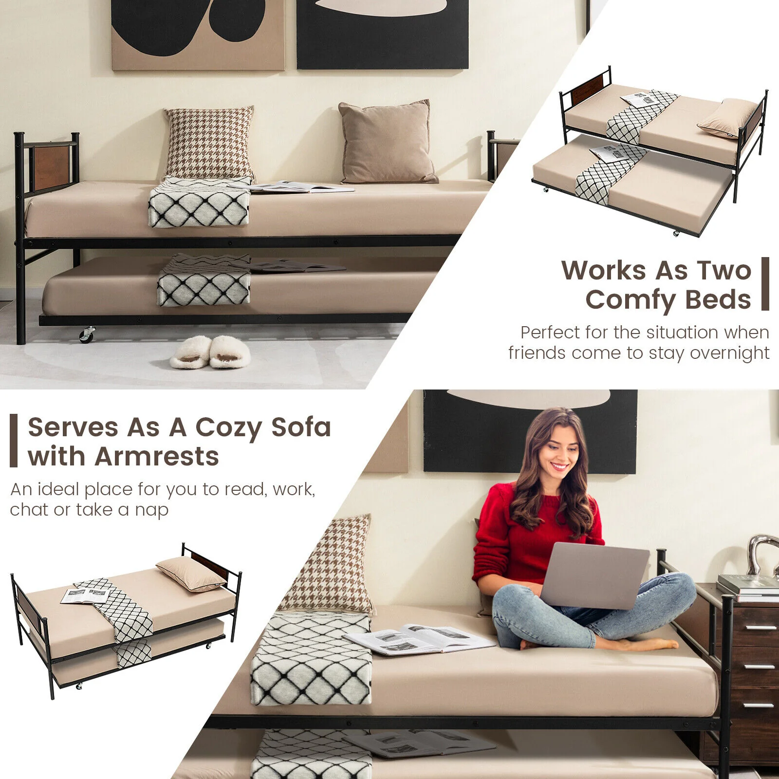 Twin Size 2-In-1 Daybed Frame With Pullout Trundle, Black - Image 10