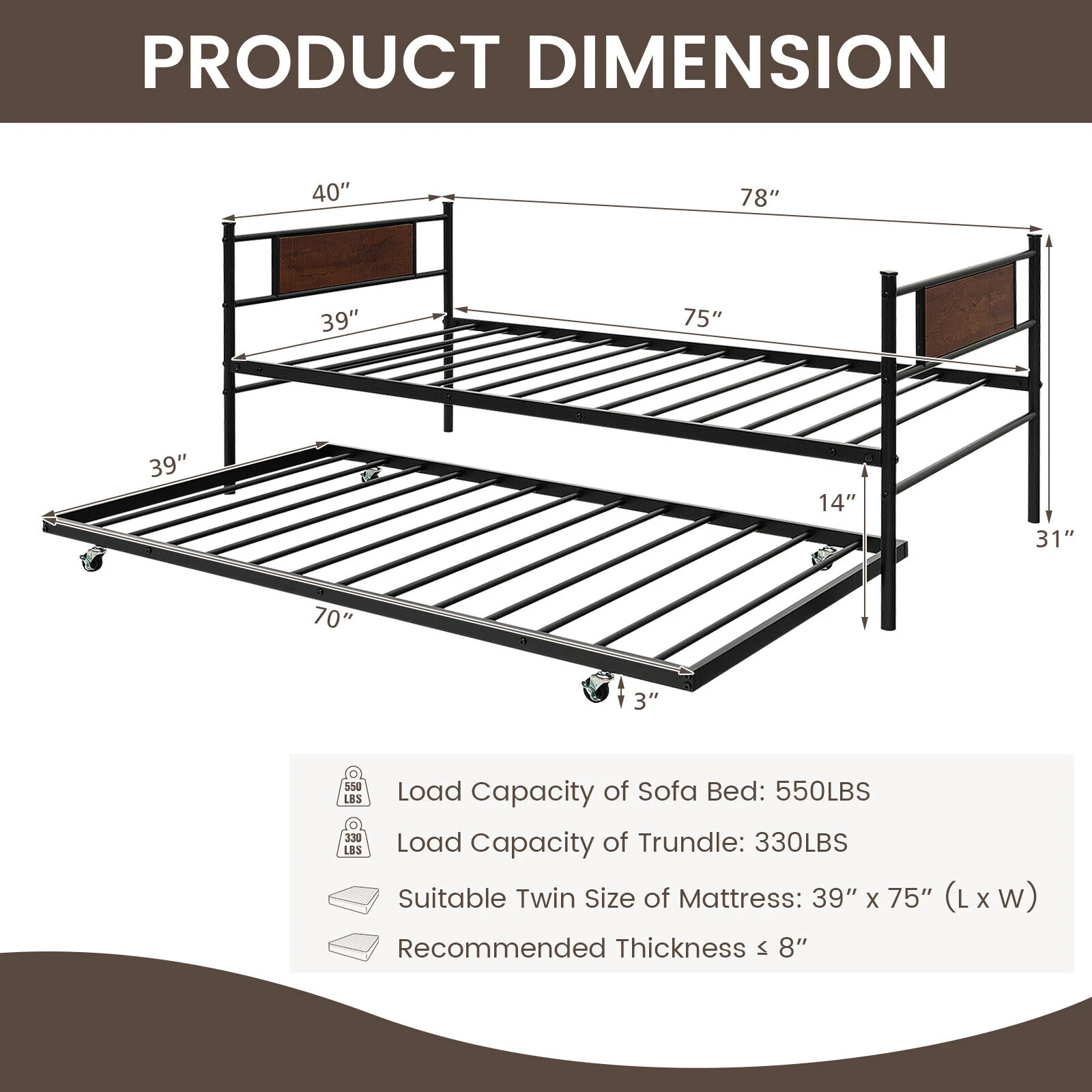 Twin Size 2-In-1 Daybed Frame With Pullout Trundle, Black - Image 6