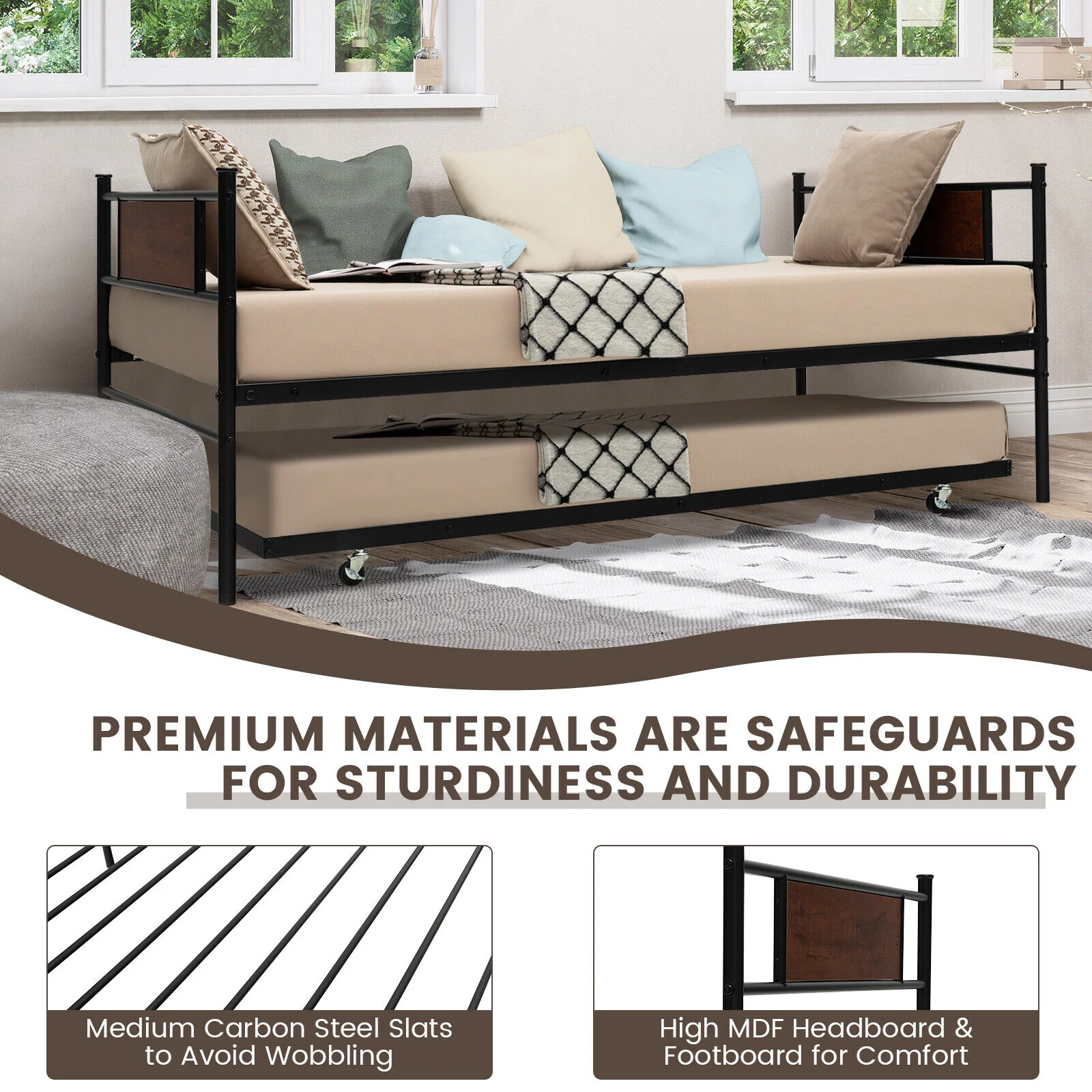 Twin Size 2-In-1 Daybed Frame With Pullout Trundle, Black - Image 9