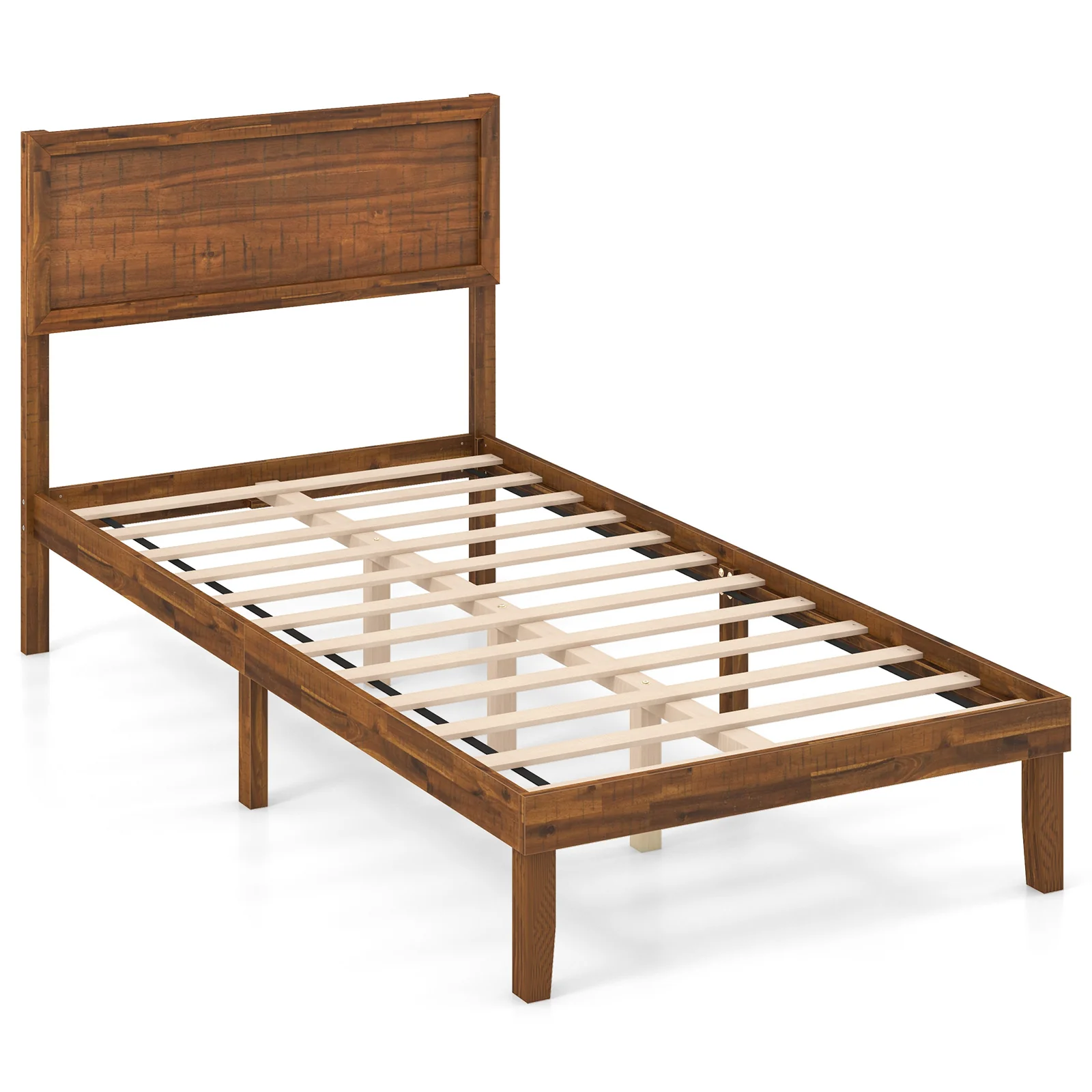 Twin Size Bed Frame With Headboard, Wooden Slats, Walnut