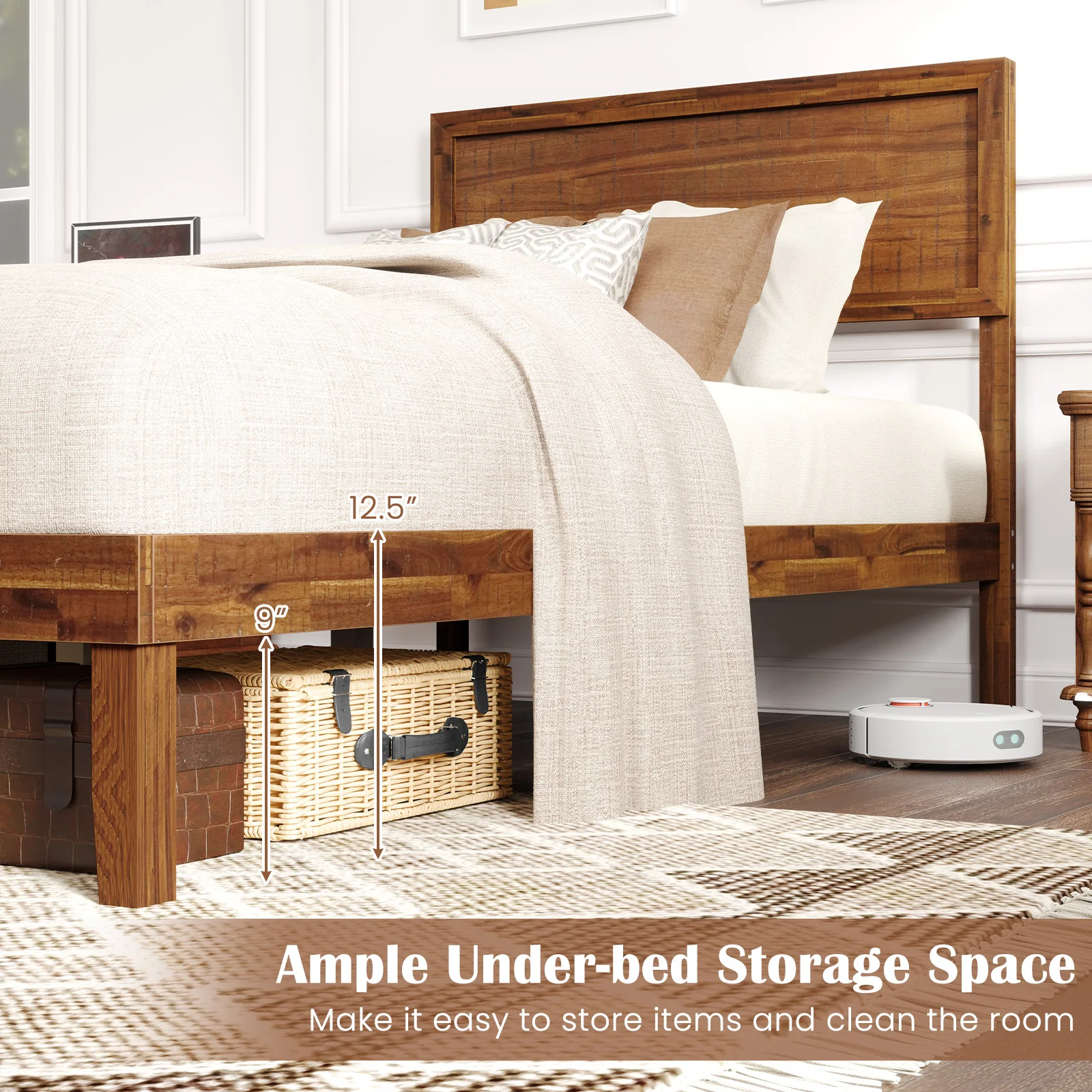 Twin Size Bed Frame With Headboard, Wooden Slats, Walnut - Image 7