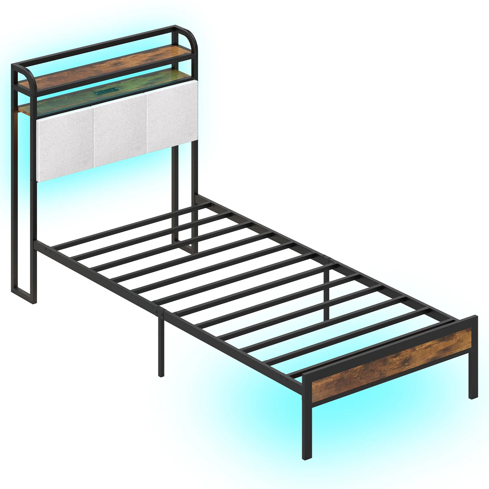 Twin Size Bed Frame With LED Light, Charging Station, Gray