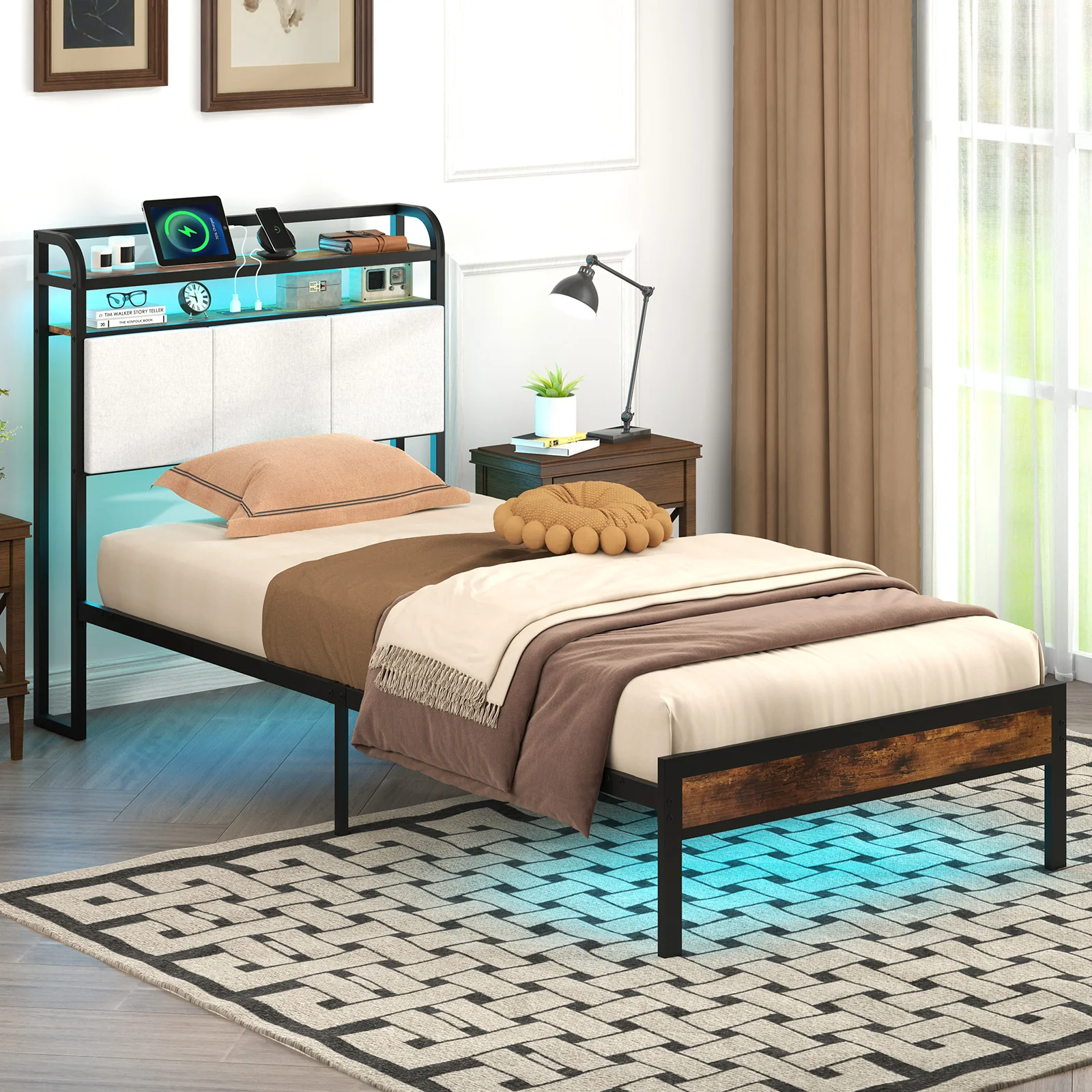 Twin Size Bed Frame With LED Light, Charging Station, Gray - Image 2