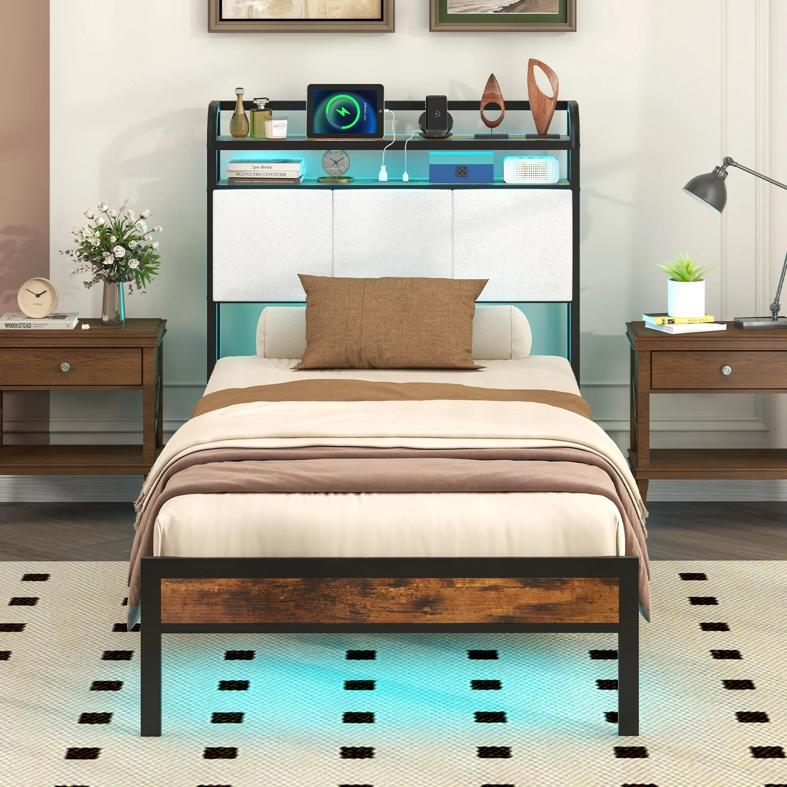 Twin Size Bed Frame With LED Light, Charging Station, Gray - Image 3