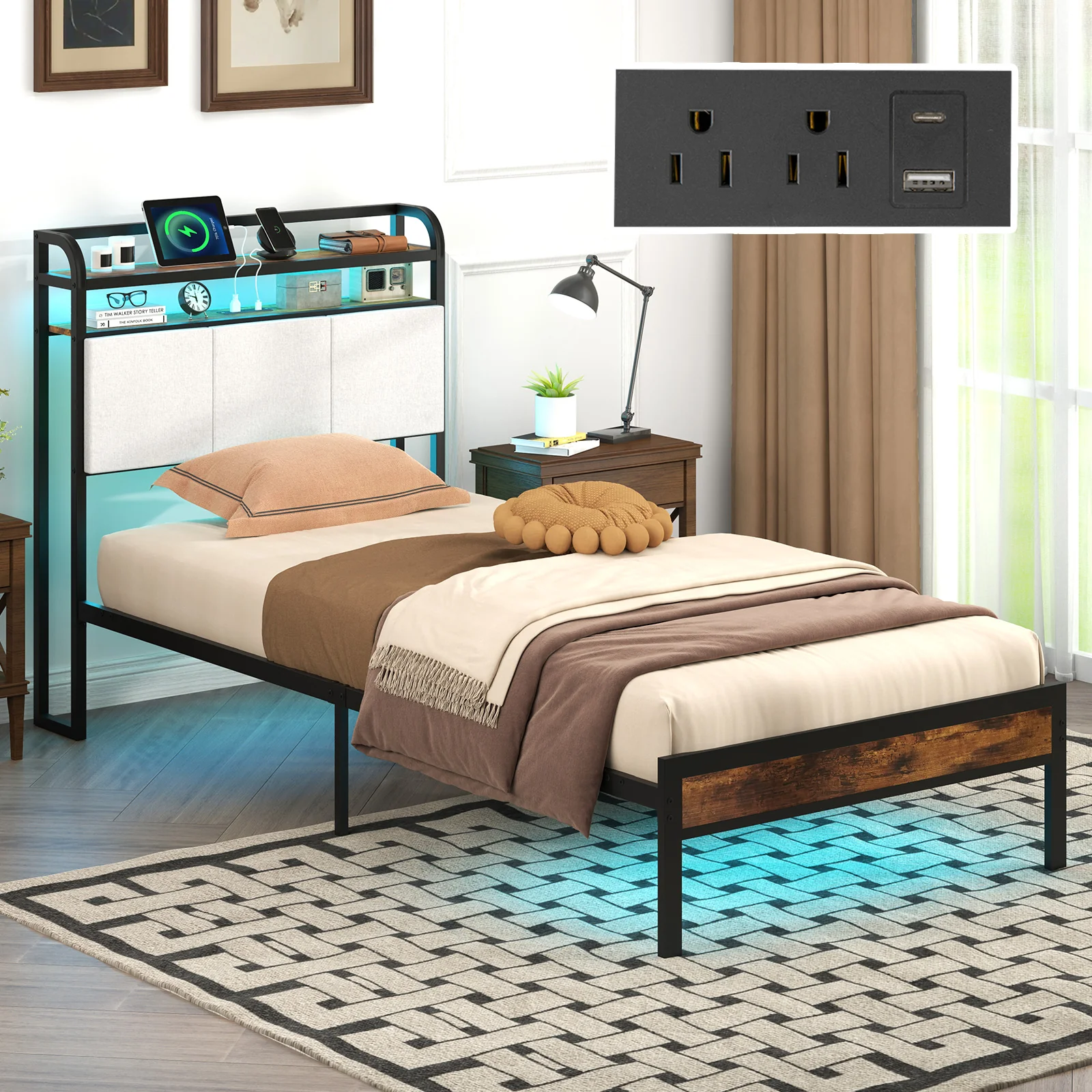 Twin Size Bed Frame With LED Light, Charging Station, Gray - Image 6