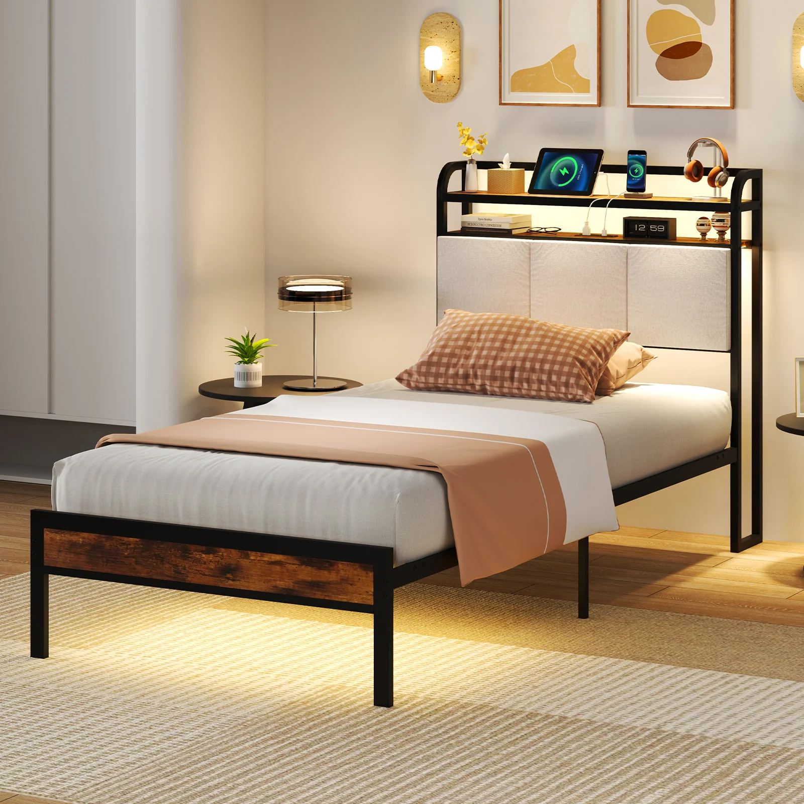 Twin Size Bed Frame With LED Light, Charging Station, Gray - Image 7