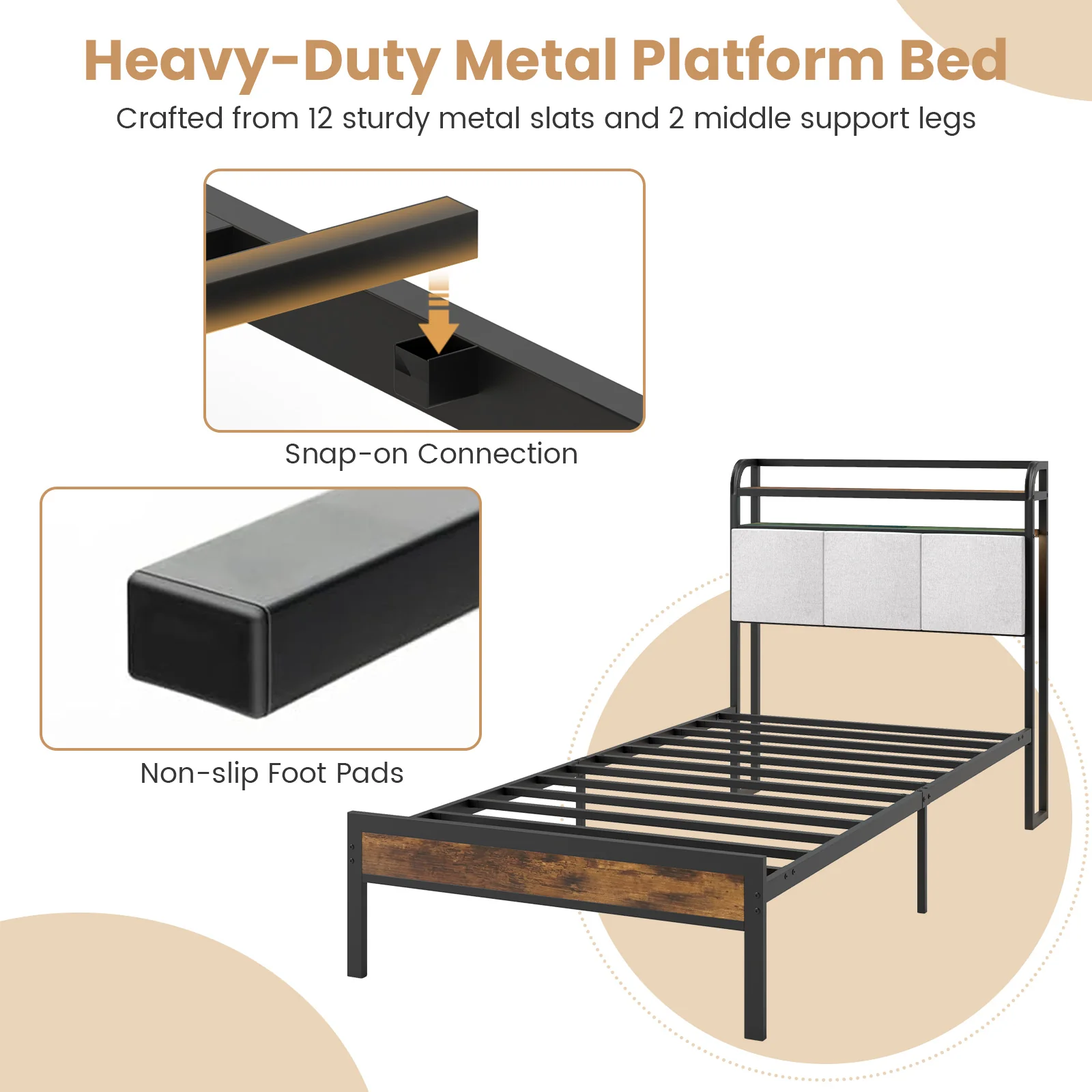 Twin Size Bed Frame With LED Light, Charging Station, Gray - Image 8