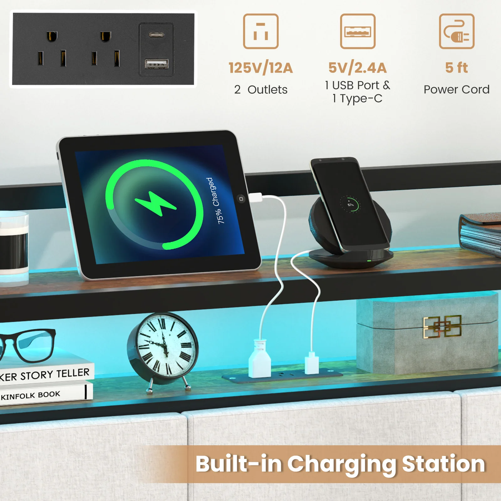 Twin Size Bed Frame With LED Light, Charging Station, Gray - Image 9