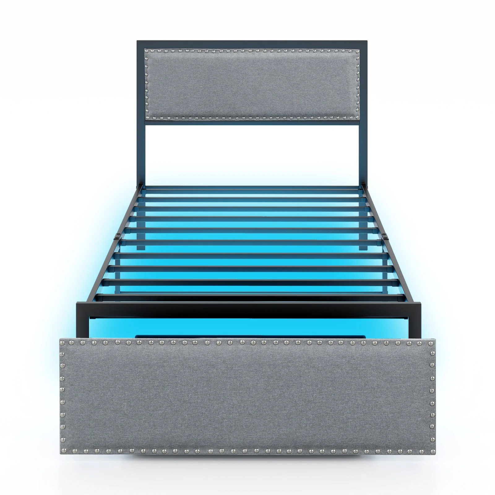 Twin Size Bed Frame With LED Lights, Drawer, Metal Slats, Gray