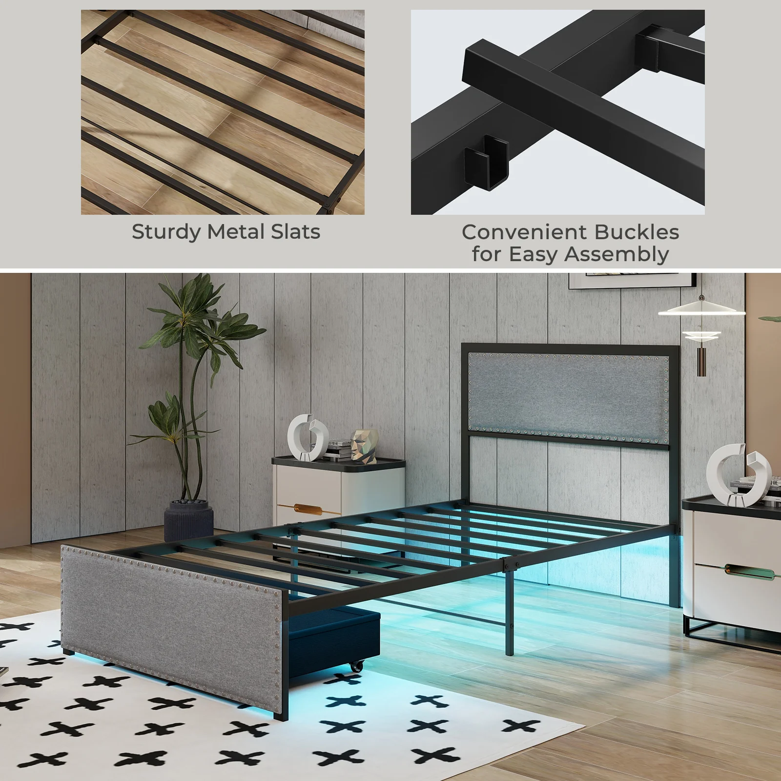 Twin Size Bed Frame With LED Lights, Drawer, Metal Slats, Gray - Image 10