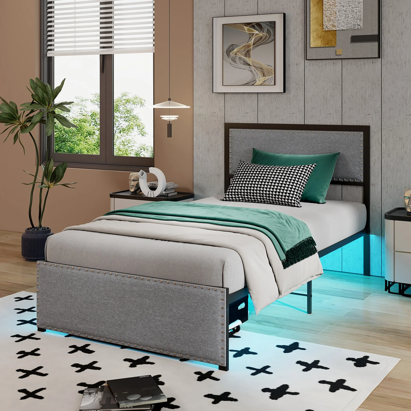Twin Size Bed Frame With LED Lights, Drawer, Metal Slats, Gray - Image 6