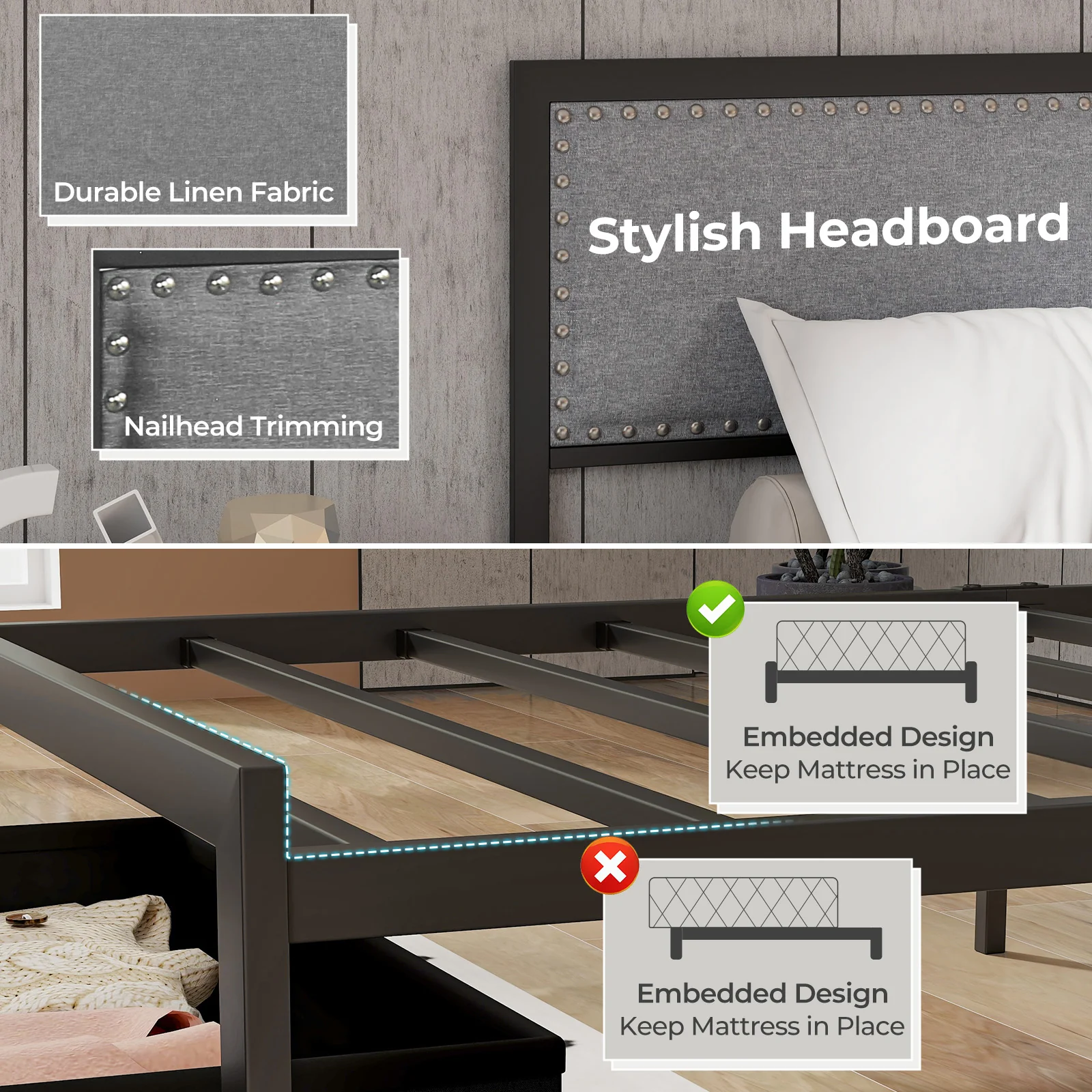 Twin Size Bed Frame With LED Lights, Drawer, Metal Slats, Gray - Image 8