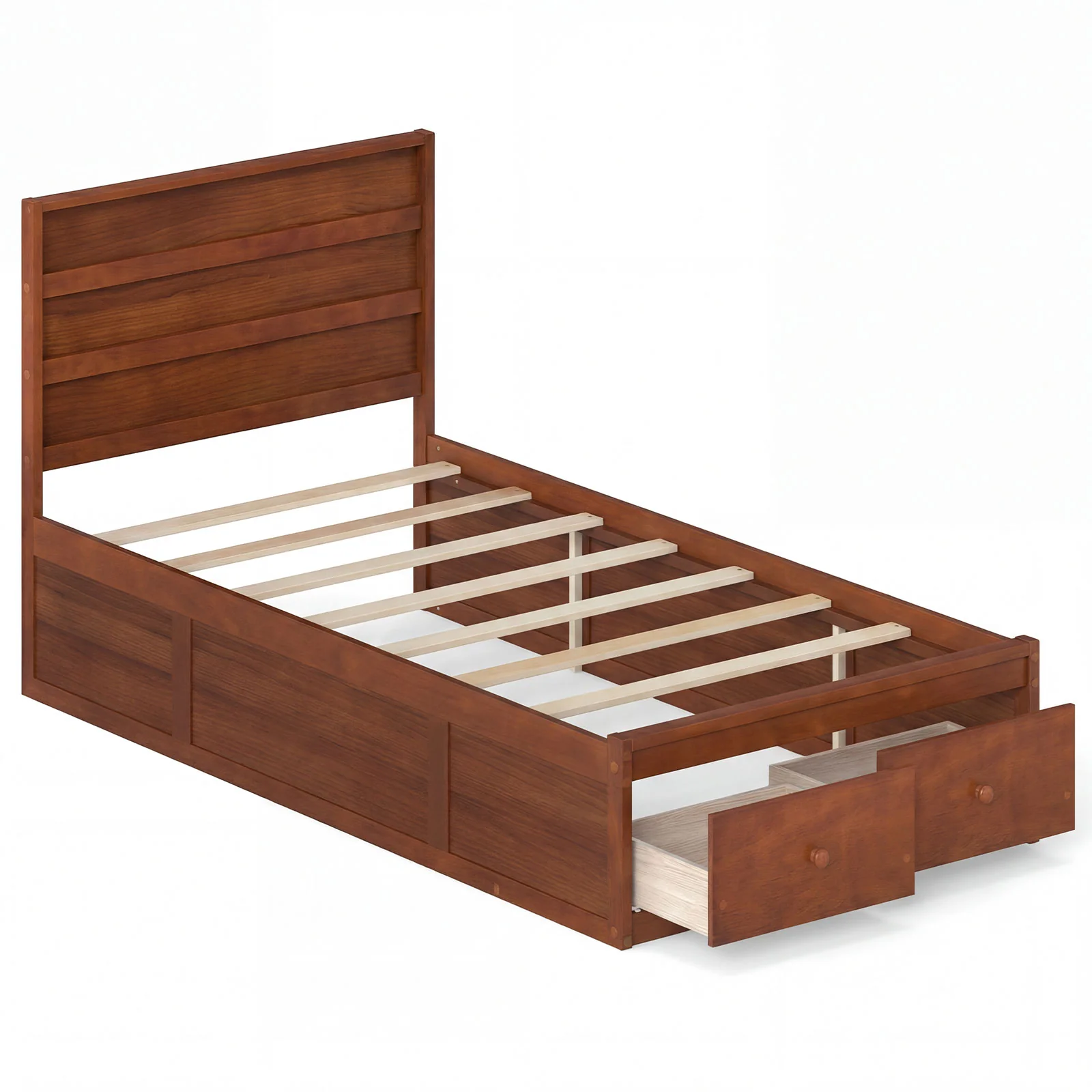 Twin Size Bed Frame with Storage Drawers and Headboard, Walnut