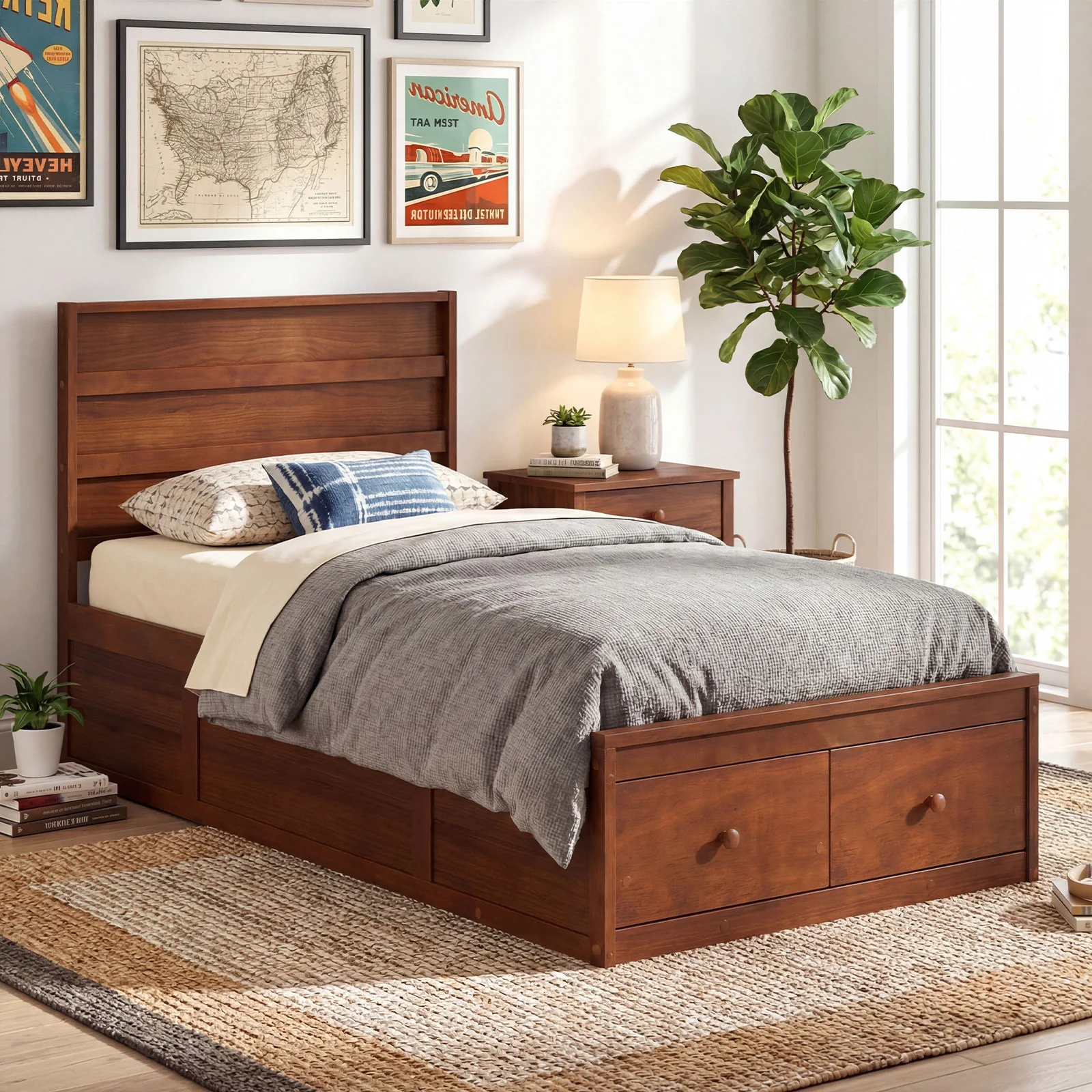 Twin Size Bed Frame with Storage Drawers and Headboard, Walnut - Image 10