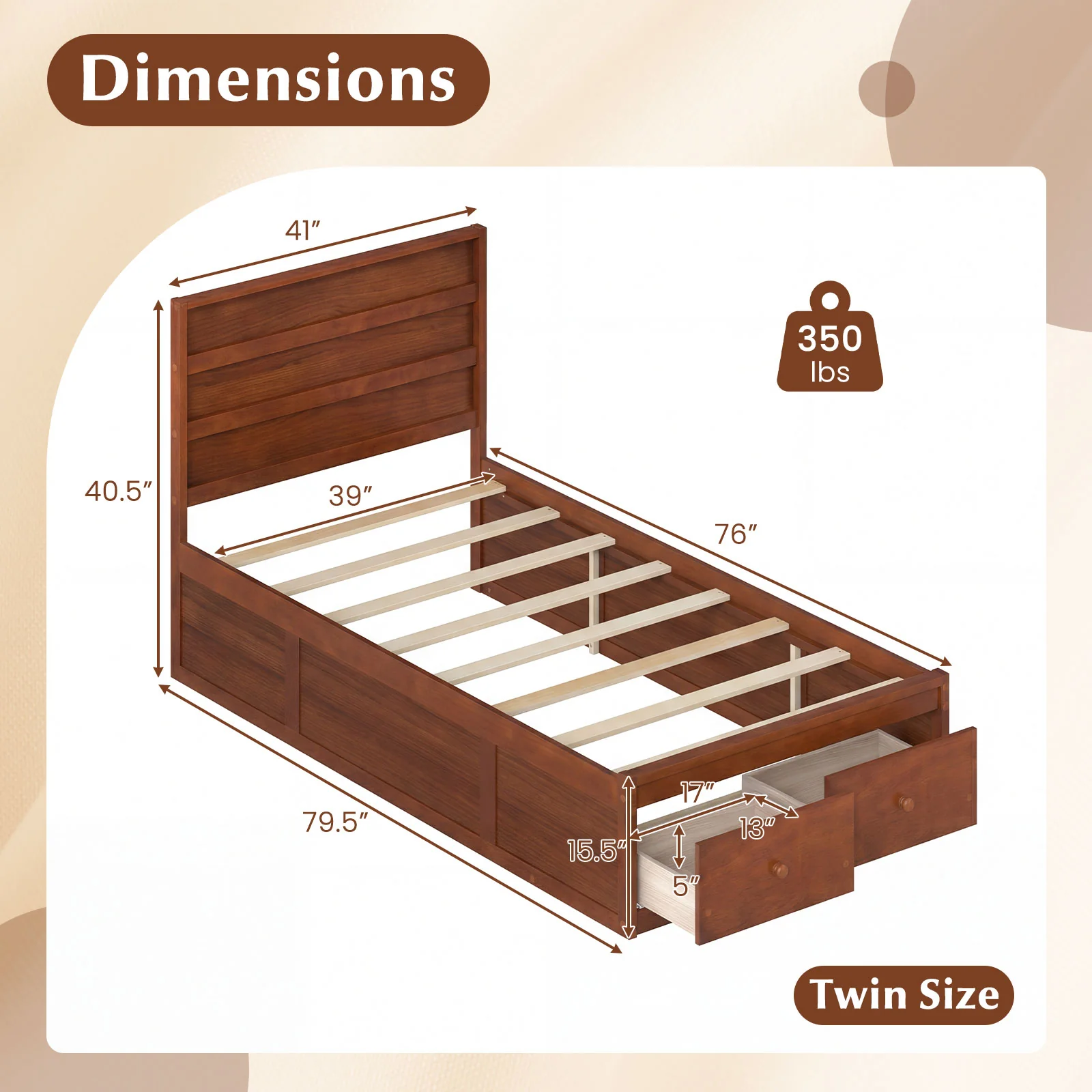Twin Size Bed Frame with Storage Drawers and Headboard, Walnut - Image 5