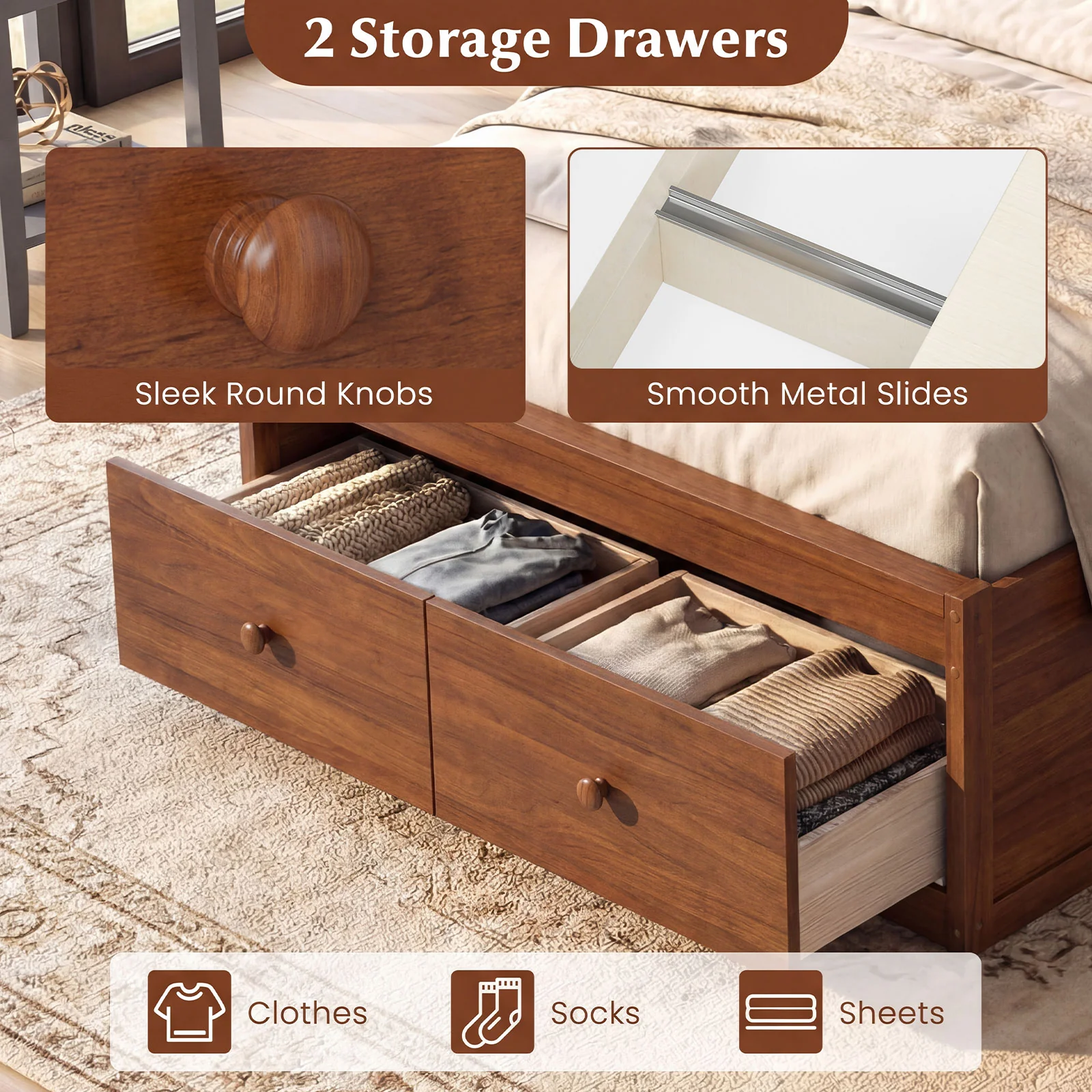 Twin Size Bed Frame with Storage Drawers and Headboard, Walnut - Image 6