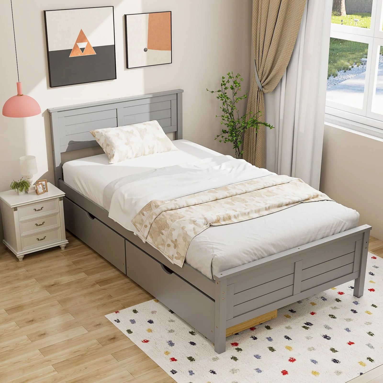 Twin Size Bed Frame With Storage Drawers, Gray - Image 2