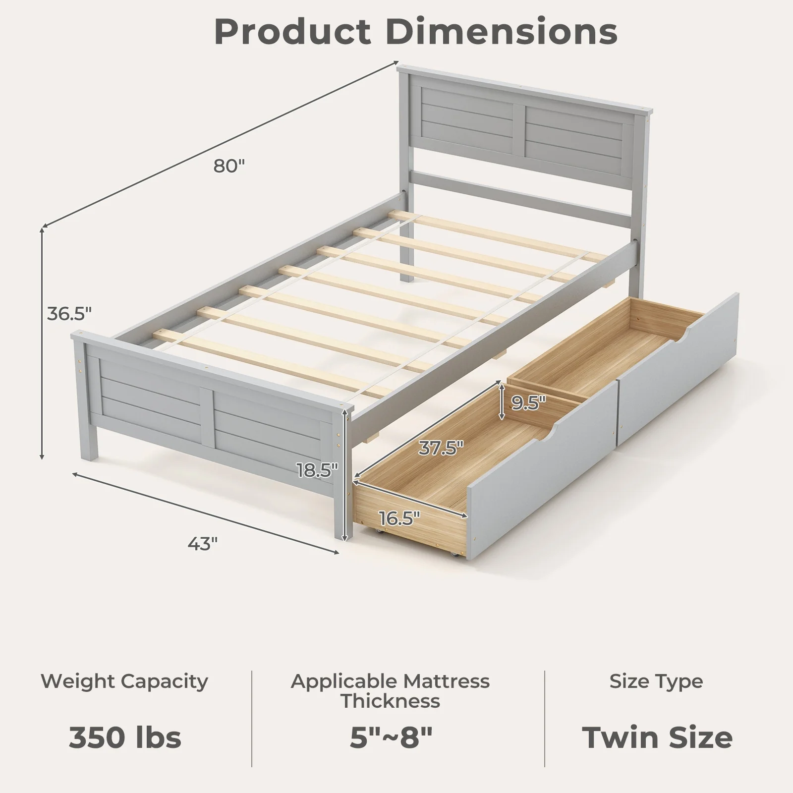 Twin Size Bed Frame With Storage Drawers, Gray - Image 5