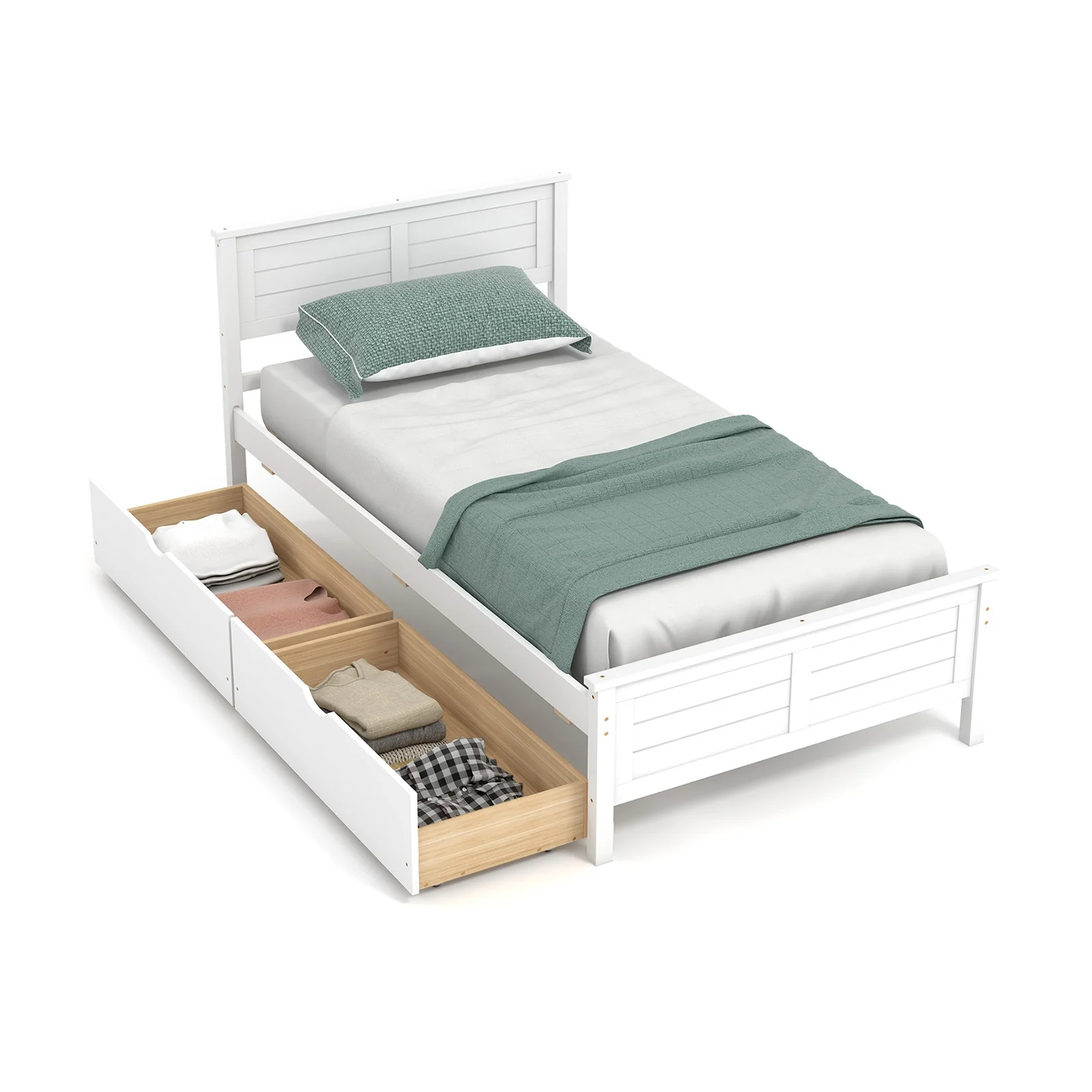 Twin Size Bed Frame With Storage Drawers, White