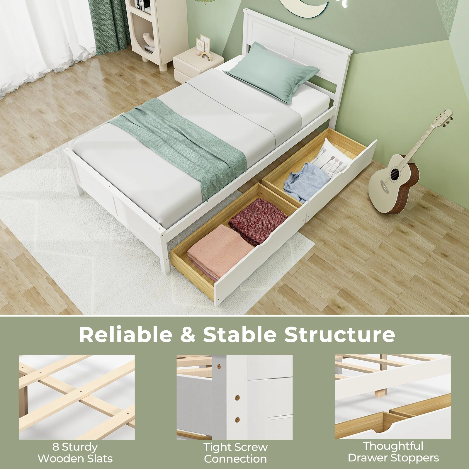 Twin Size Bed Frame With Storage Drawers, White - Image 10