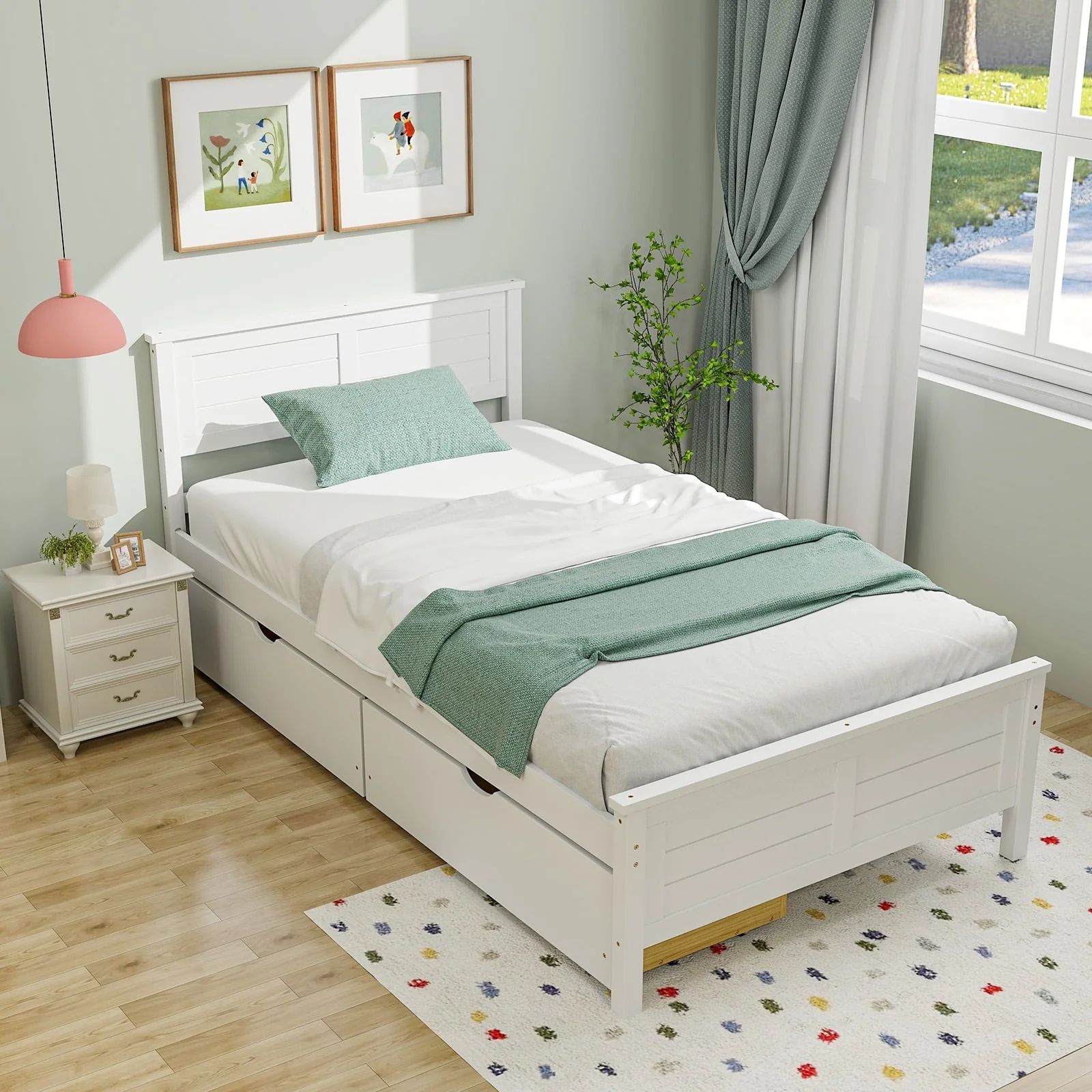 Twin Size Bed Frame With Storage Drawers, White - Image 2